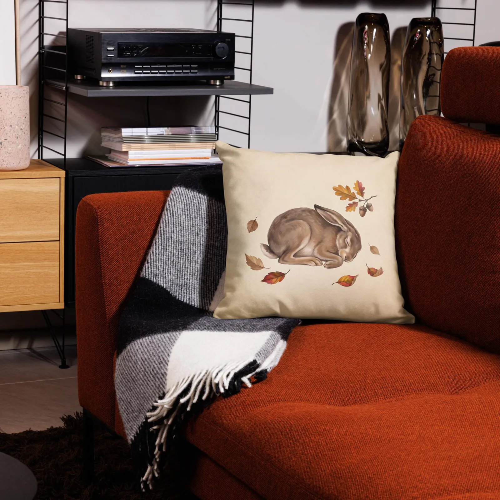 Sleeping Hare Throw Pillow: Cream Forest Animal Decor Cushion, photo 6