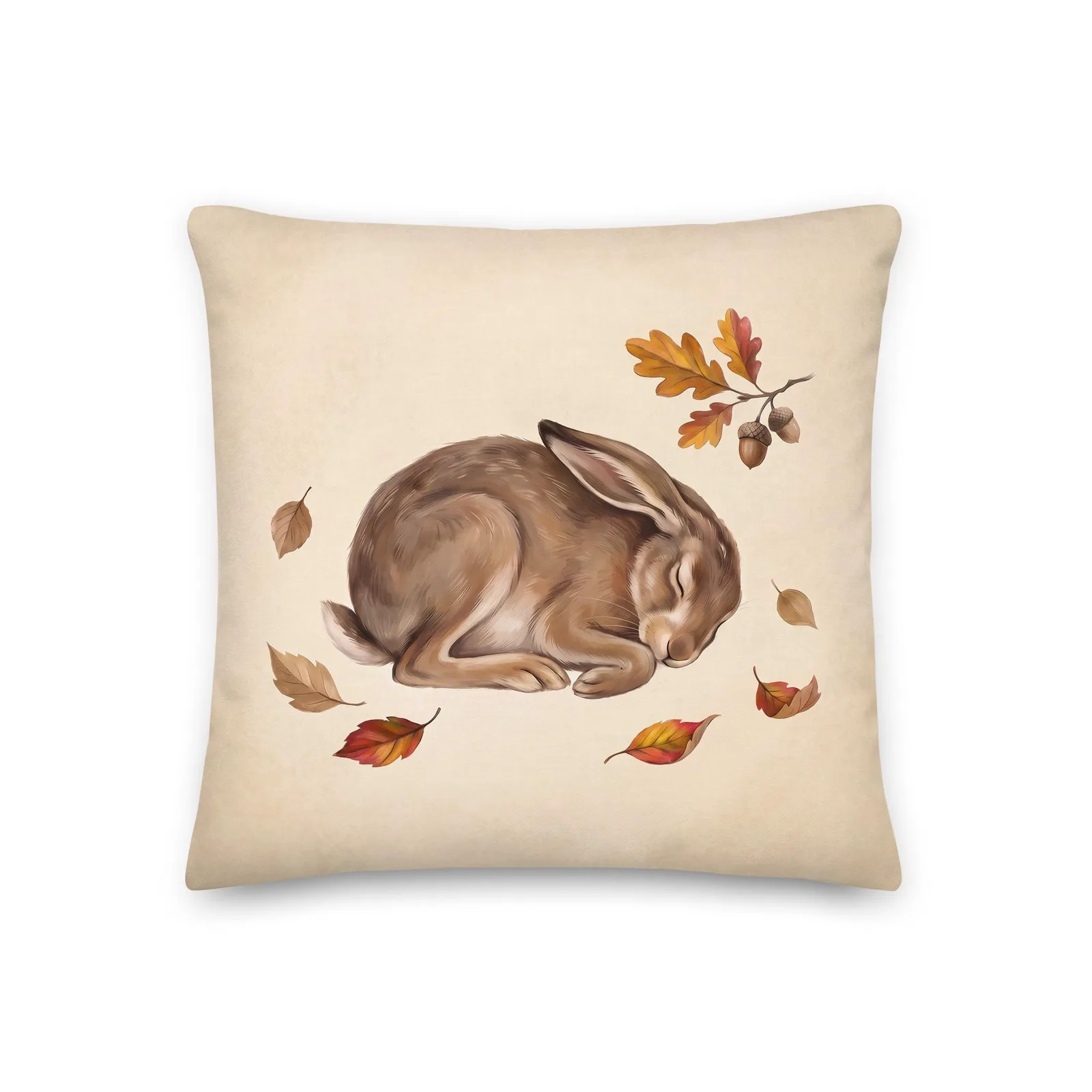Sleeping Hare Throw Pillow: Cream Forest Animal Decor Cushion