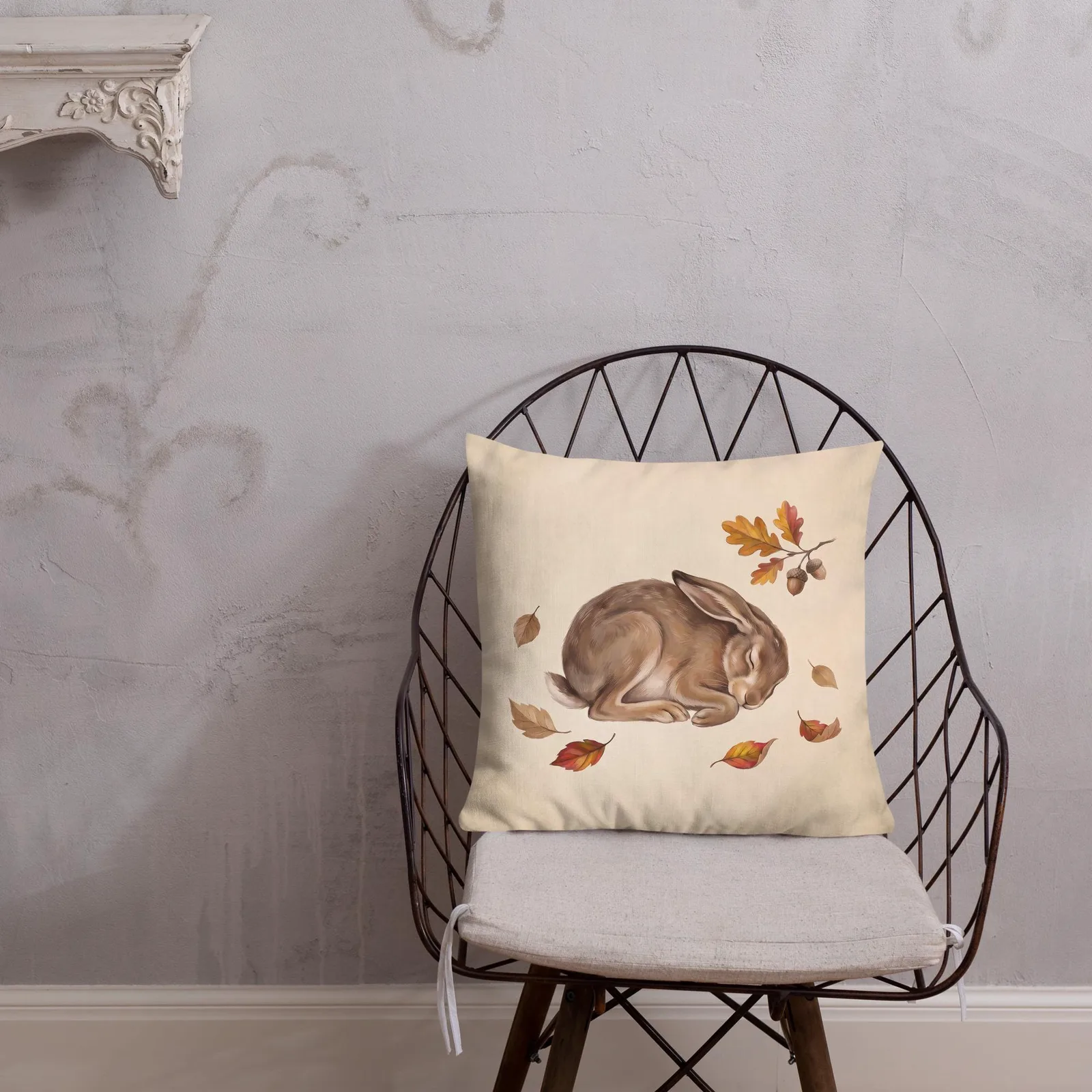 Sleeping Hare Throw Pillow: Cream Forest Animal Decor Cushion, photo 4