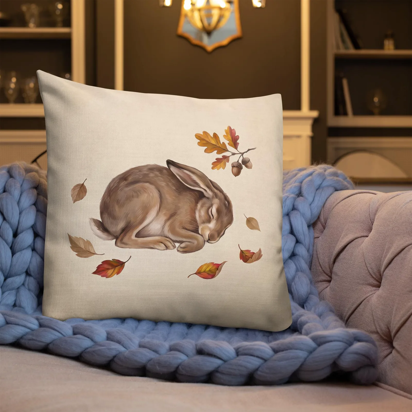 Sleeping Hare Throw Pillow: Cream Forest Animal Decor Cushion, photo 3