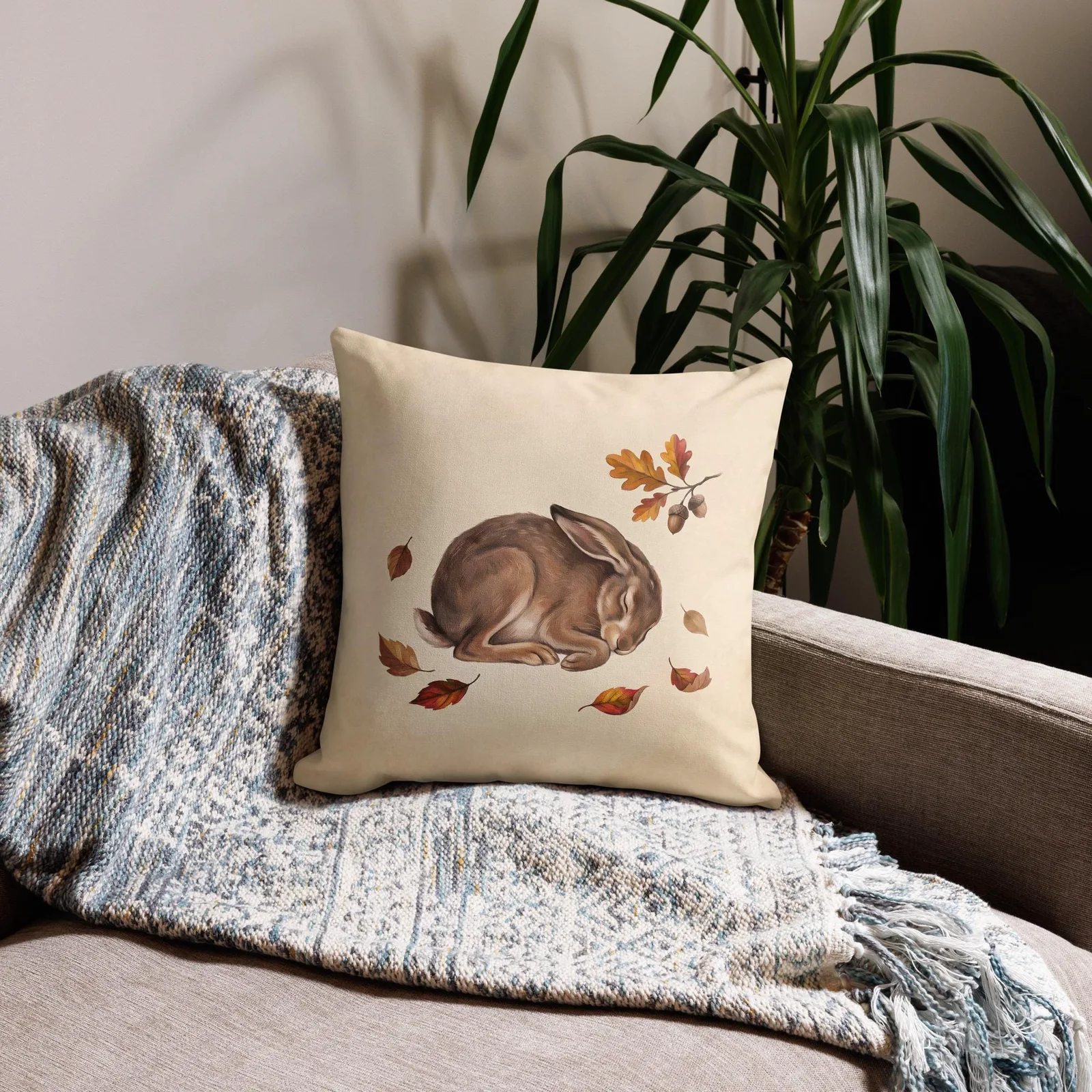 Sleeping Hare Throw Pillow: Cream Forest Animal Decor Cushion, photo 8