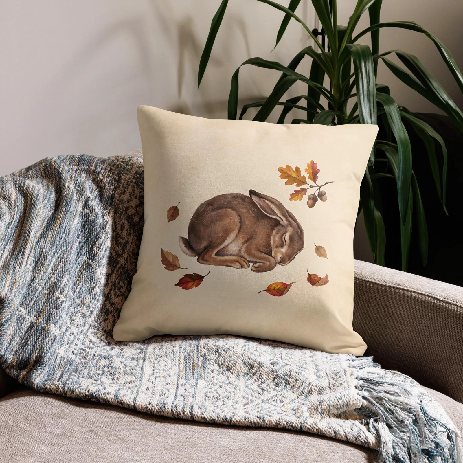 Sleeping Hare Throw Pillow: Cream Forest Animal Decor Cushion, photo 9