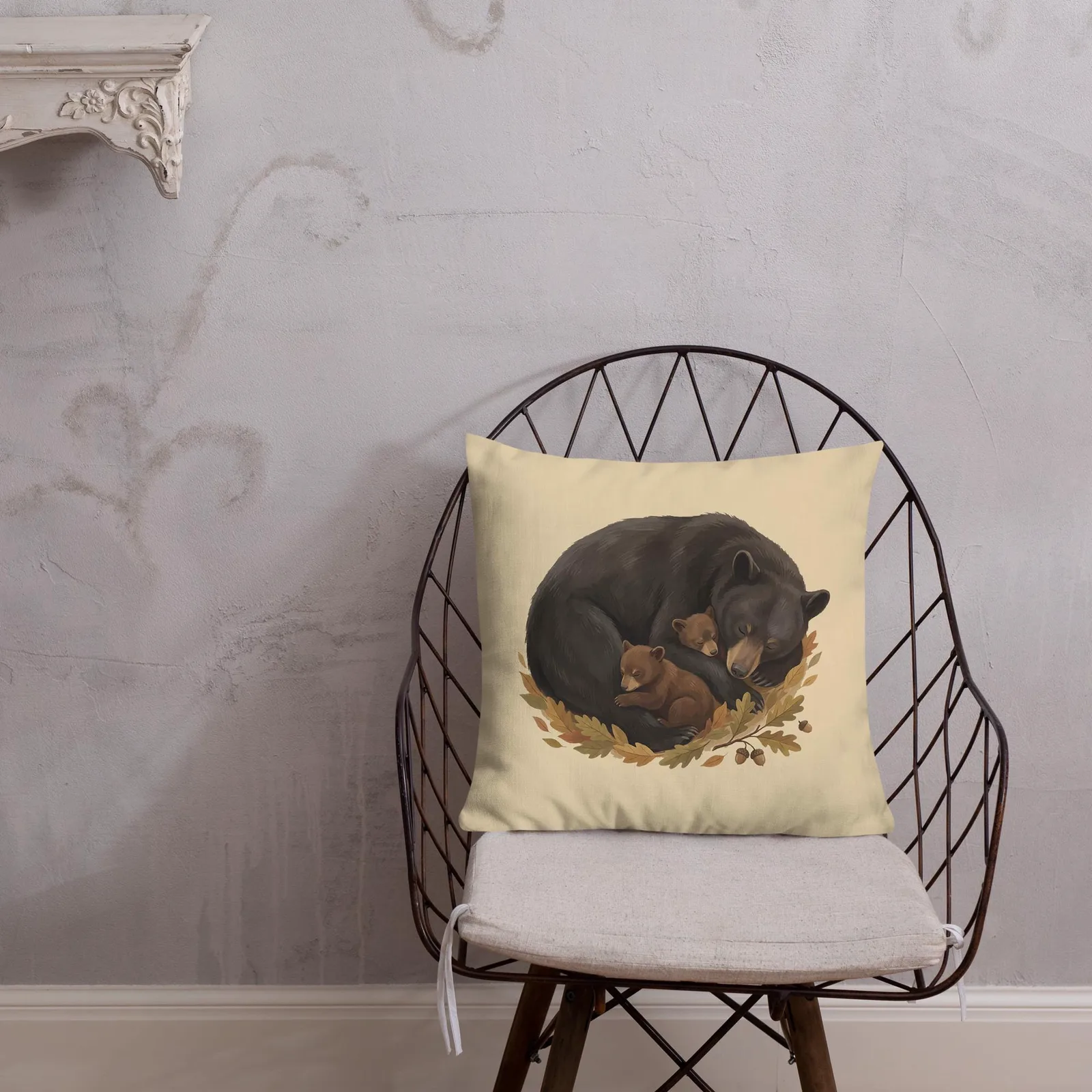 Sleeping Mama Bear and Cubs Throw Pillow: Woodland Cream Fall Decor Cushion, photo 4