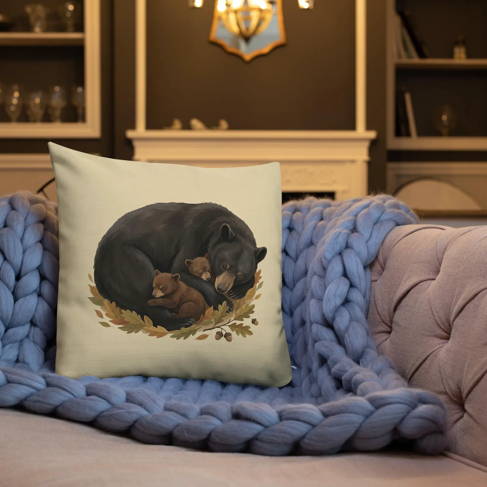 Sleeping Mama Bear and Cubs Throw Pillow: Woodland Cream Fall Decor Cushion, photo 2