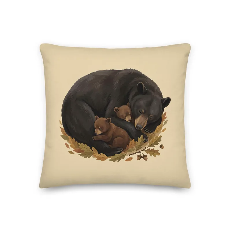 Sleeping Mama Bear and Cubs Throw Pillow: Woodland Cream Fall Decor Cushion