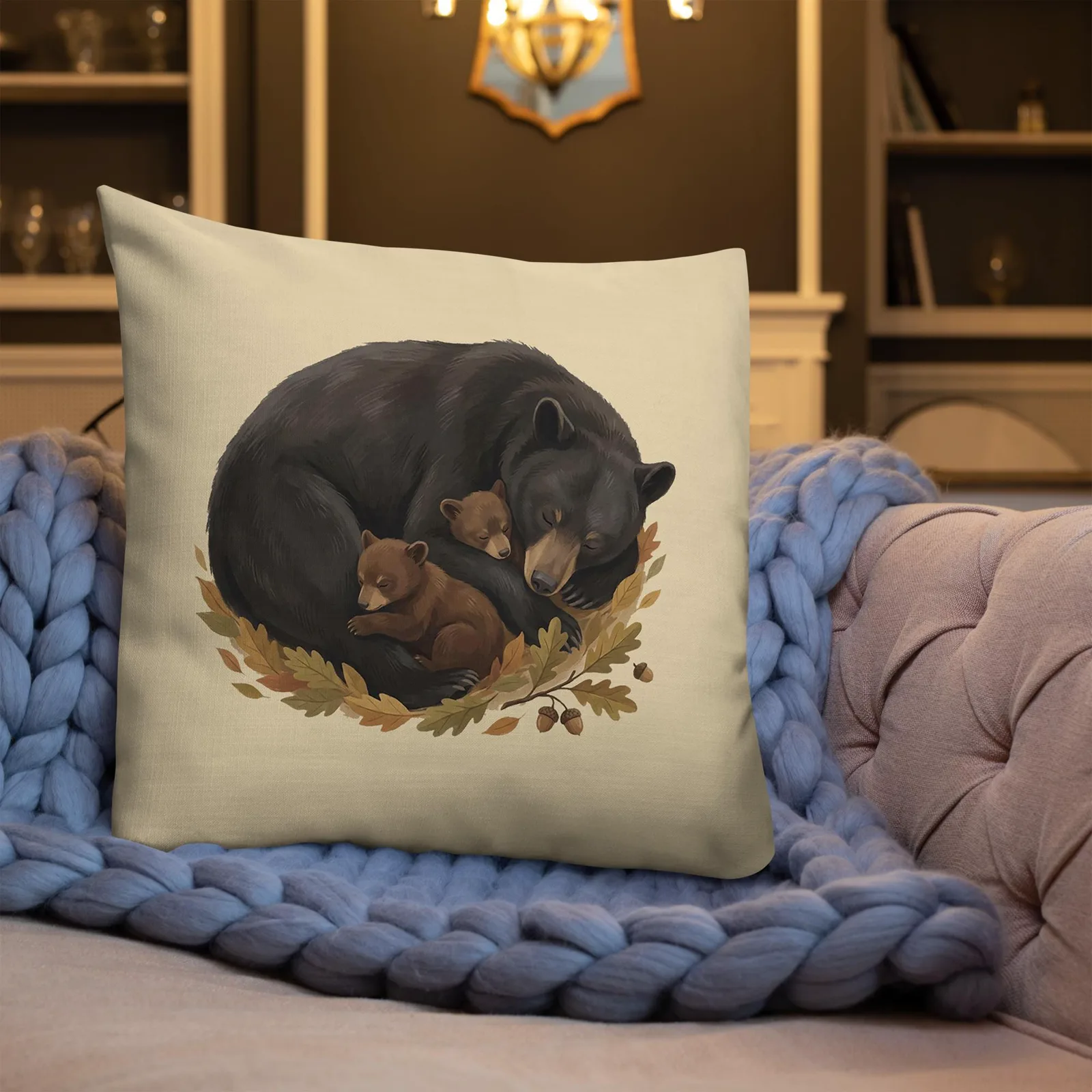 Sleeping Mama Bear and Cubs Throw Pillow: Woodland Cream Fall Decor Cushion, photo 3