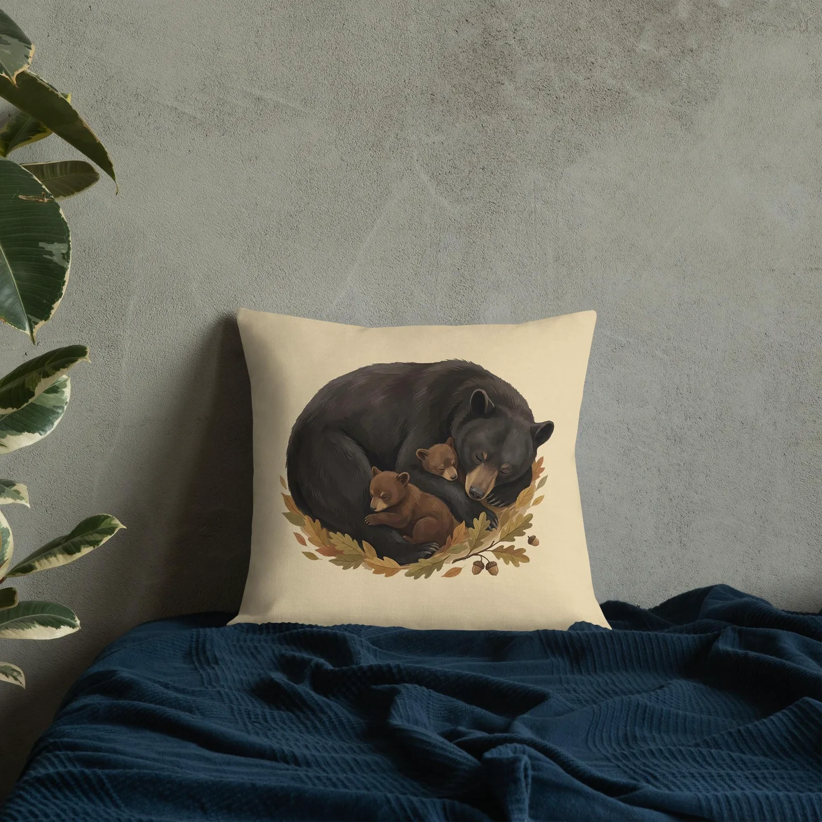 Sleeping Mama Bear and Cubs Throw Pillow: Woodland Cream Fall Decor Cushion, photo 6