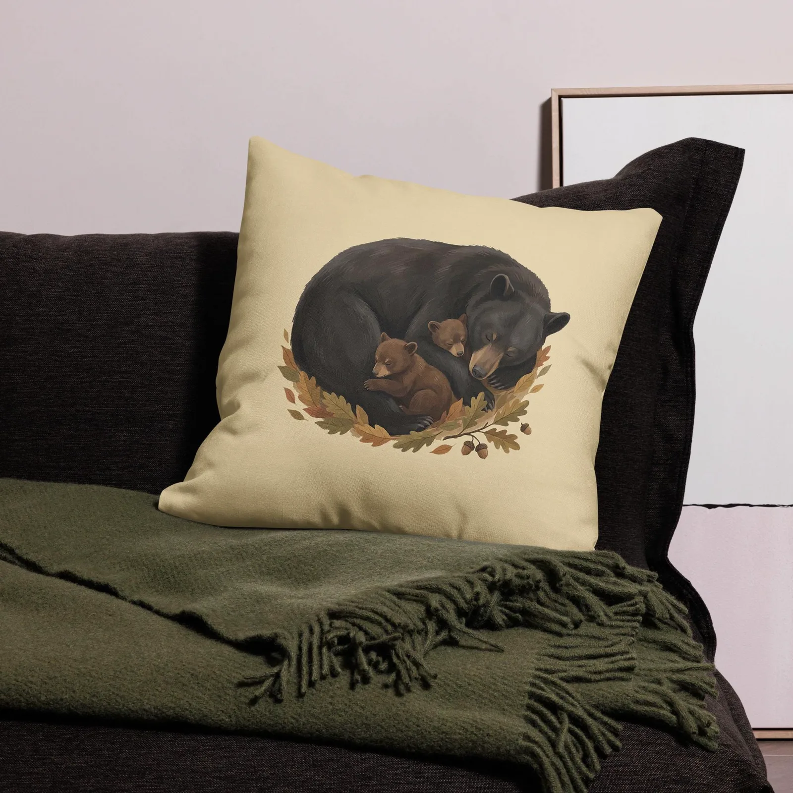 Sleeping Mama Bear and Cubs Throw Pillow: Woodland Cream Fall Decor Cushion, photo 10
