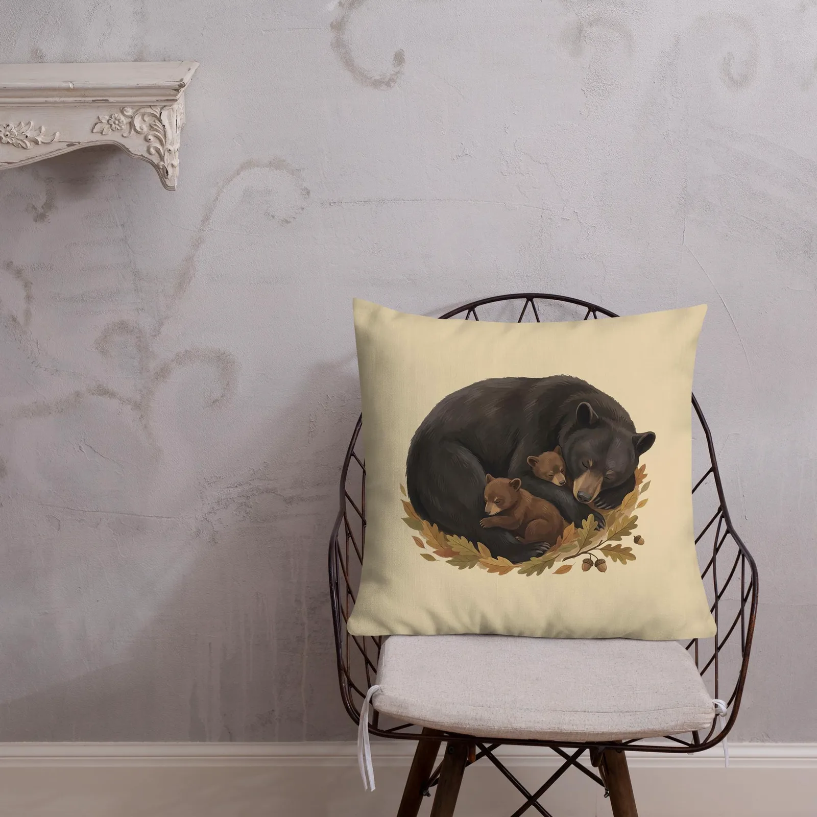 Sleeping Mama Bear and Cubs Throw Pillow: Woodland Cream Fall Decor Cushion, photo 5