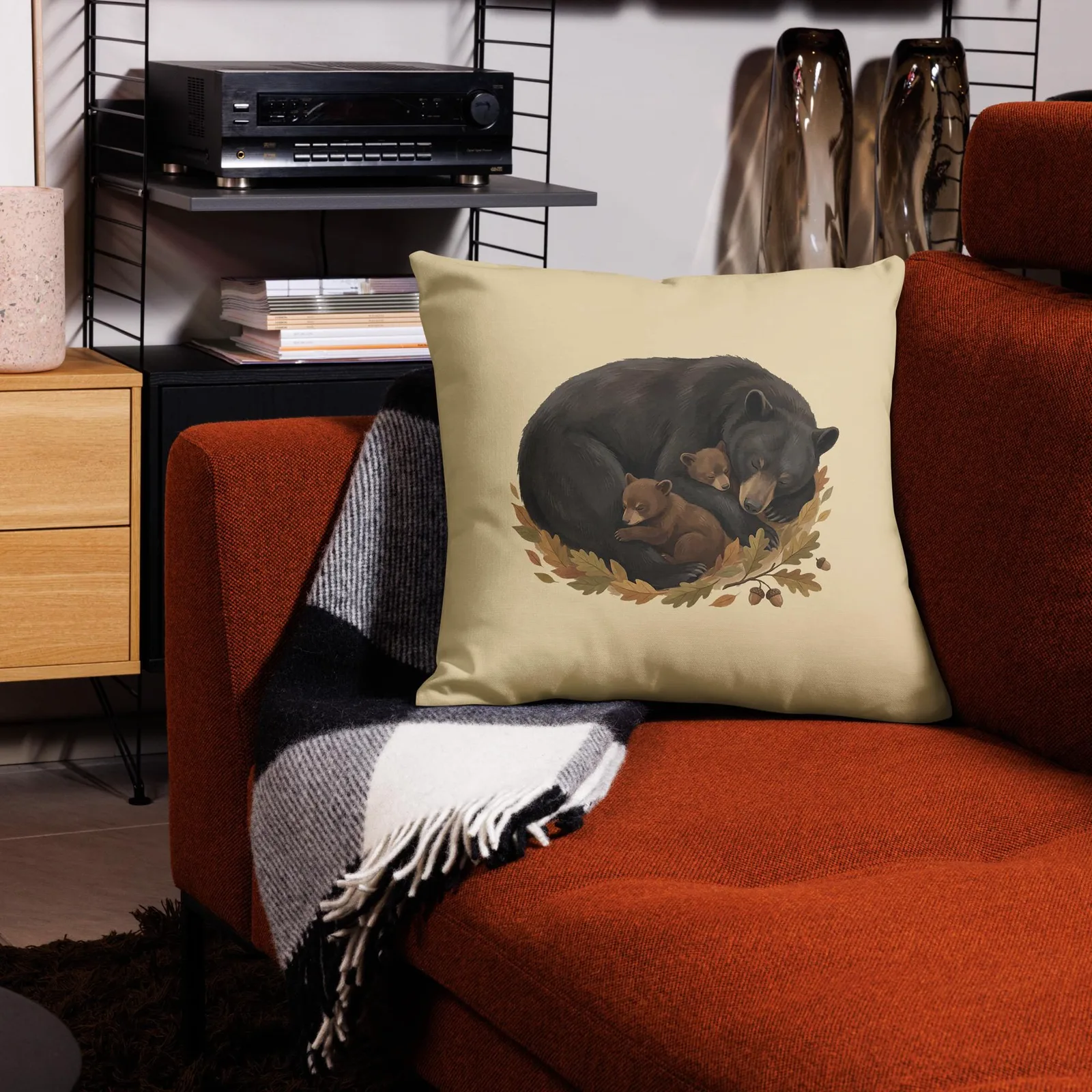 Sleeping Mama Bear and Cubs Throw Pillow: Woodland Cream Fall Decor Cushion, photo 9