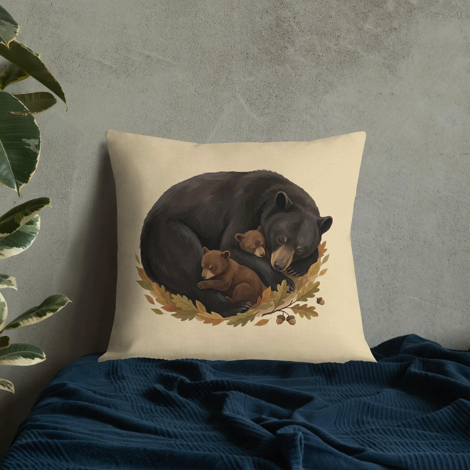 Sleeping Mama Bear and Cubs Throw Pillow: Woodland Cream Fall Decor Cushion, photo 7