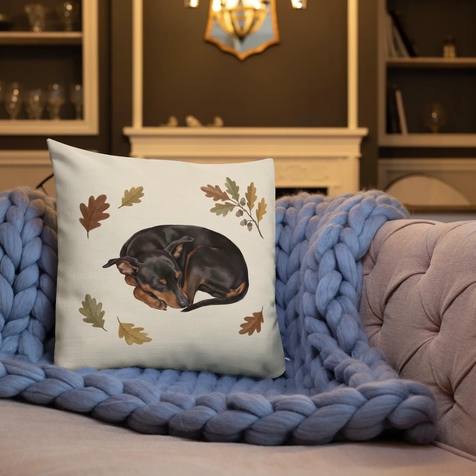 Sleeping Min Pin Throw Pillow: Dog Lover Cream Decor Cushion, photo 2