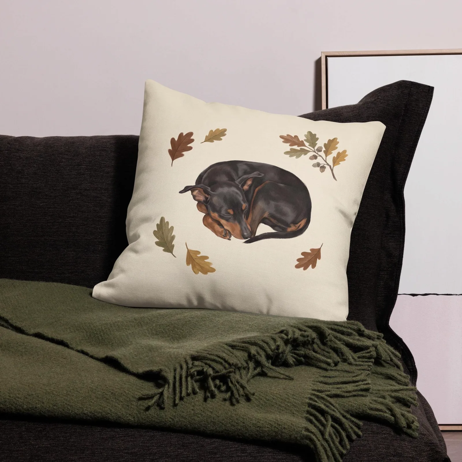 Sleeping Min Pin Throw Pillow: Dog Lover Cream Decor Cushion, photo 10