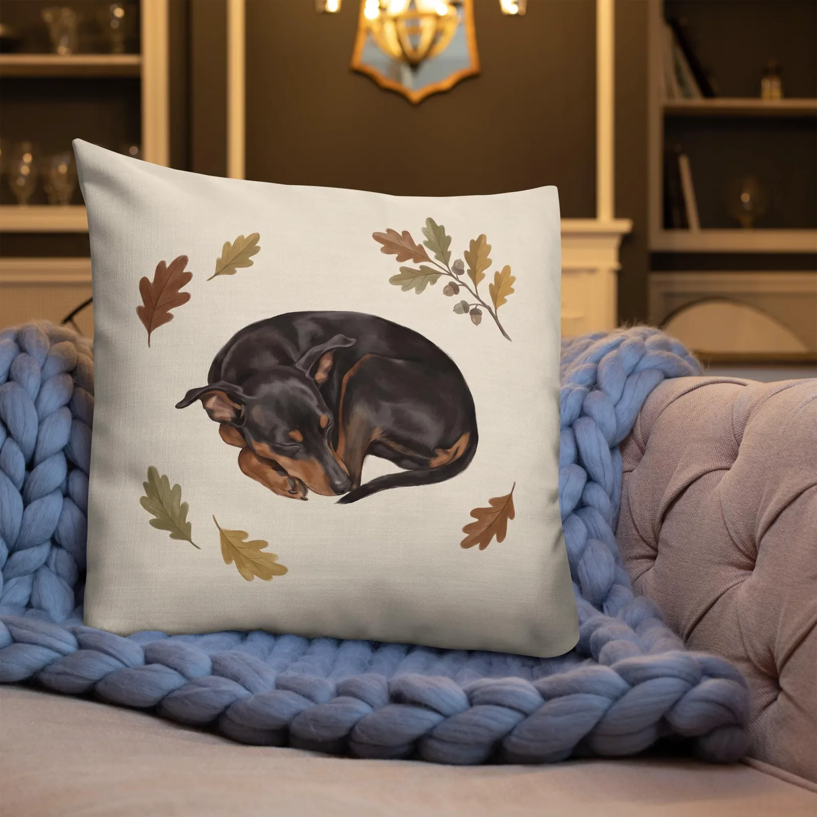 Sleeping Min Pin Throw Pillow: Dog Lover Cream Decor Cushion, photo 3