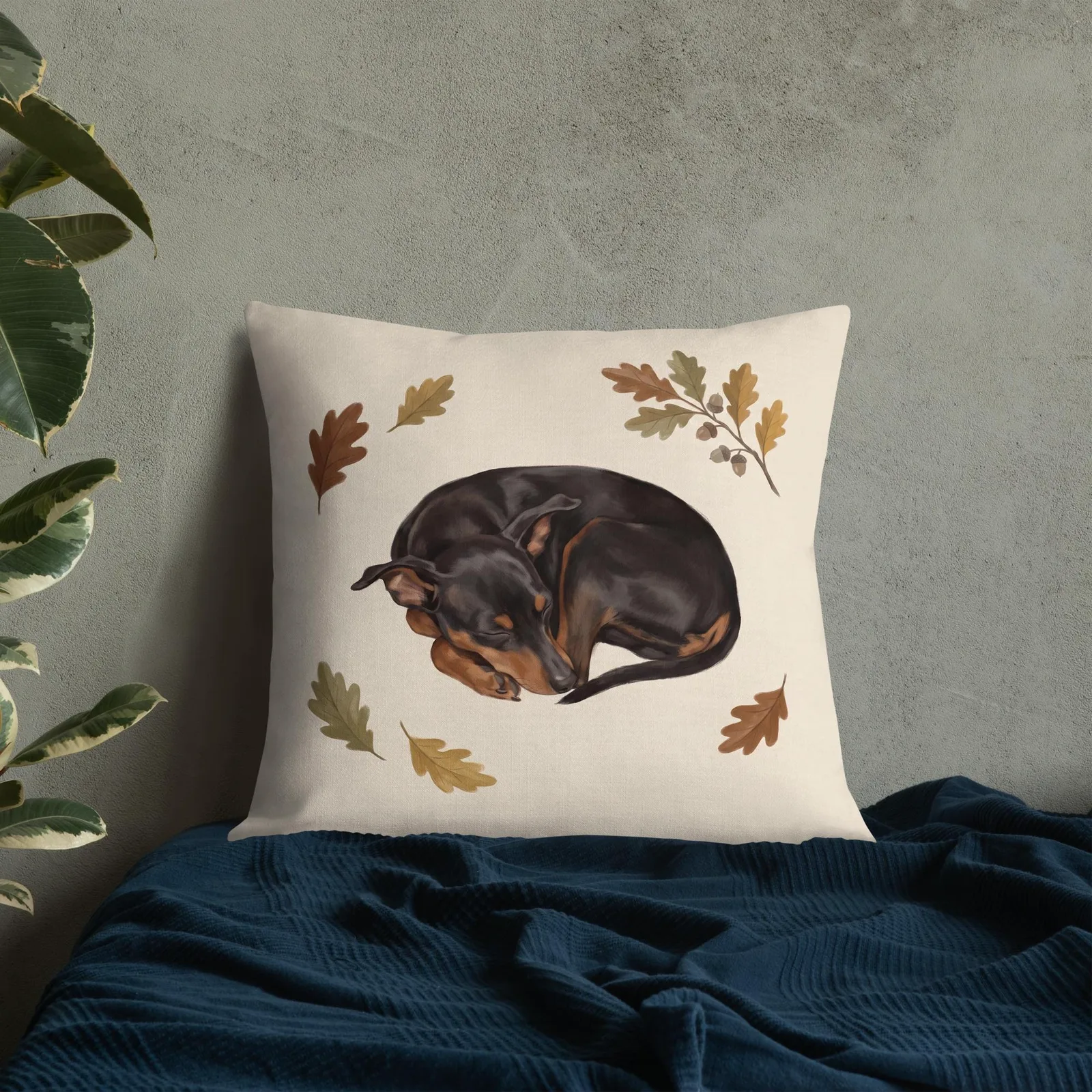 Sleeping Min Pin Throw Pillow: Dog Lover Cream Decor Cushion, photo 7