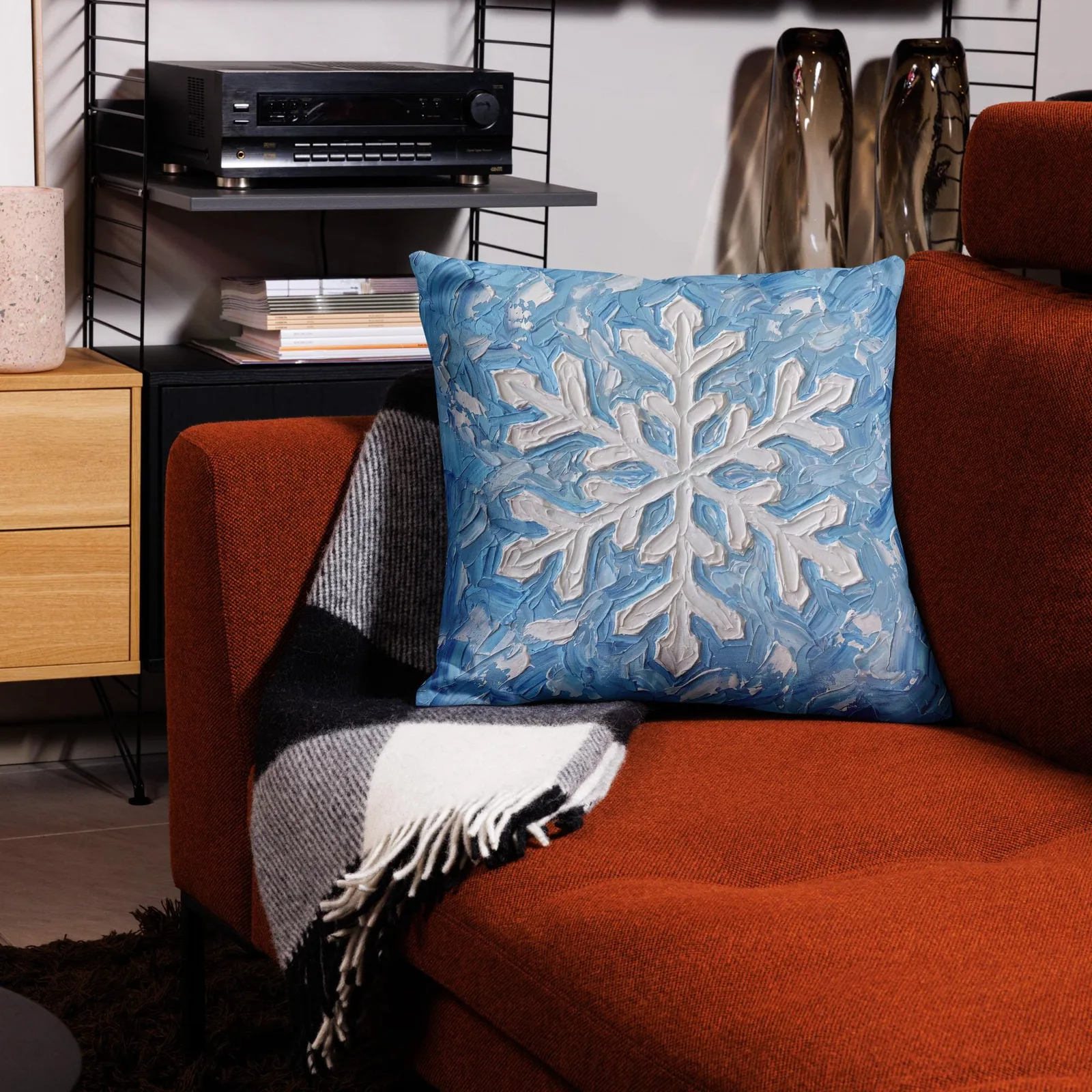 Snowflake Impasto Style Throw Pillow: Blue White Winter Decor Cushion, photo 7