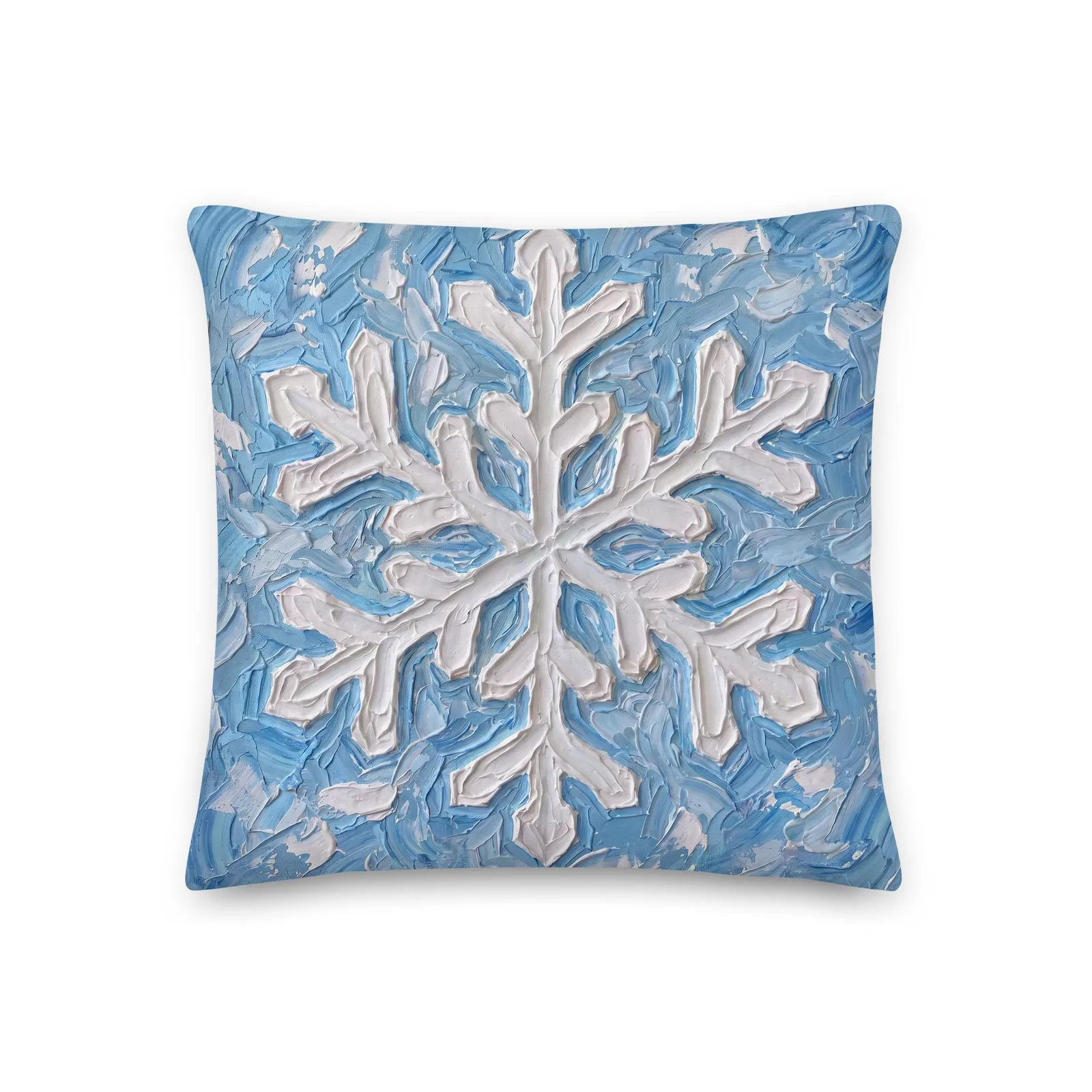 Snowflake Impasto Style Throw Pillow: Blue White Winter Decor Cushion