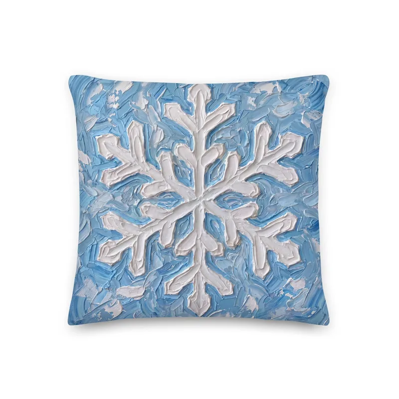Snowflake Impasto Style Throw Pillow: Blue White Winter Decor Cushion