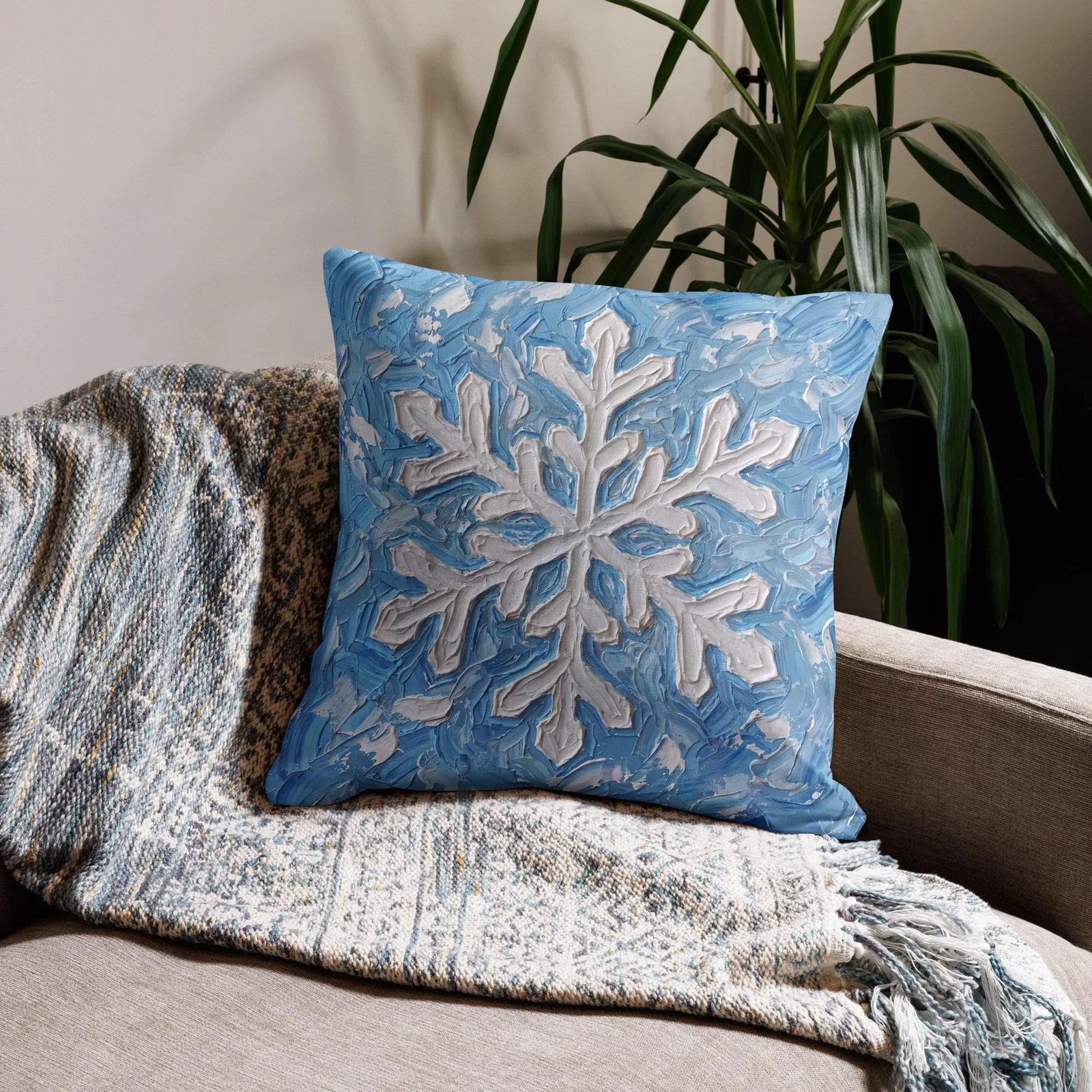 Snowflake Impasto Style Throw Pillow: Blue White Winter Decor Cushion, photo 9