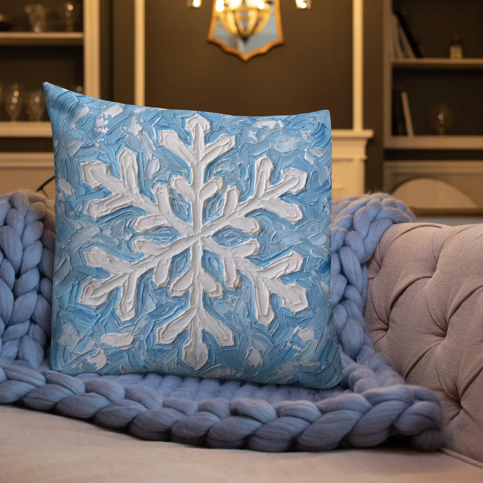 Snowflake Impasto Style Throw Pillow: Blue White Winter Decor Cushion, photo 3