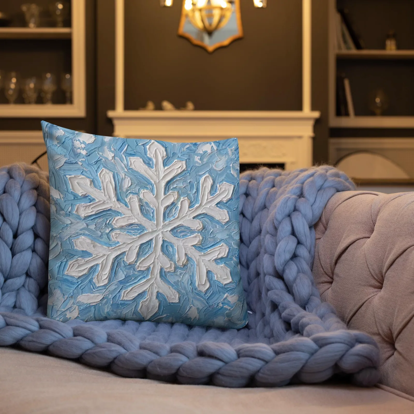 Snowflake Impasto Style Throw Pillow: Blue White Winter Decor Cushion, photo 2