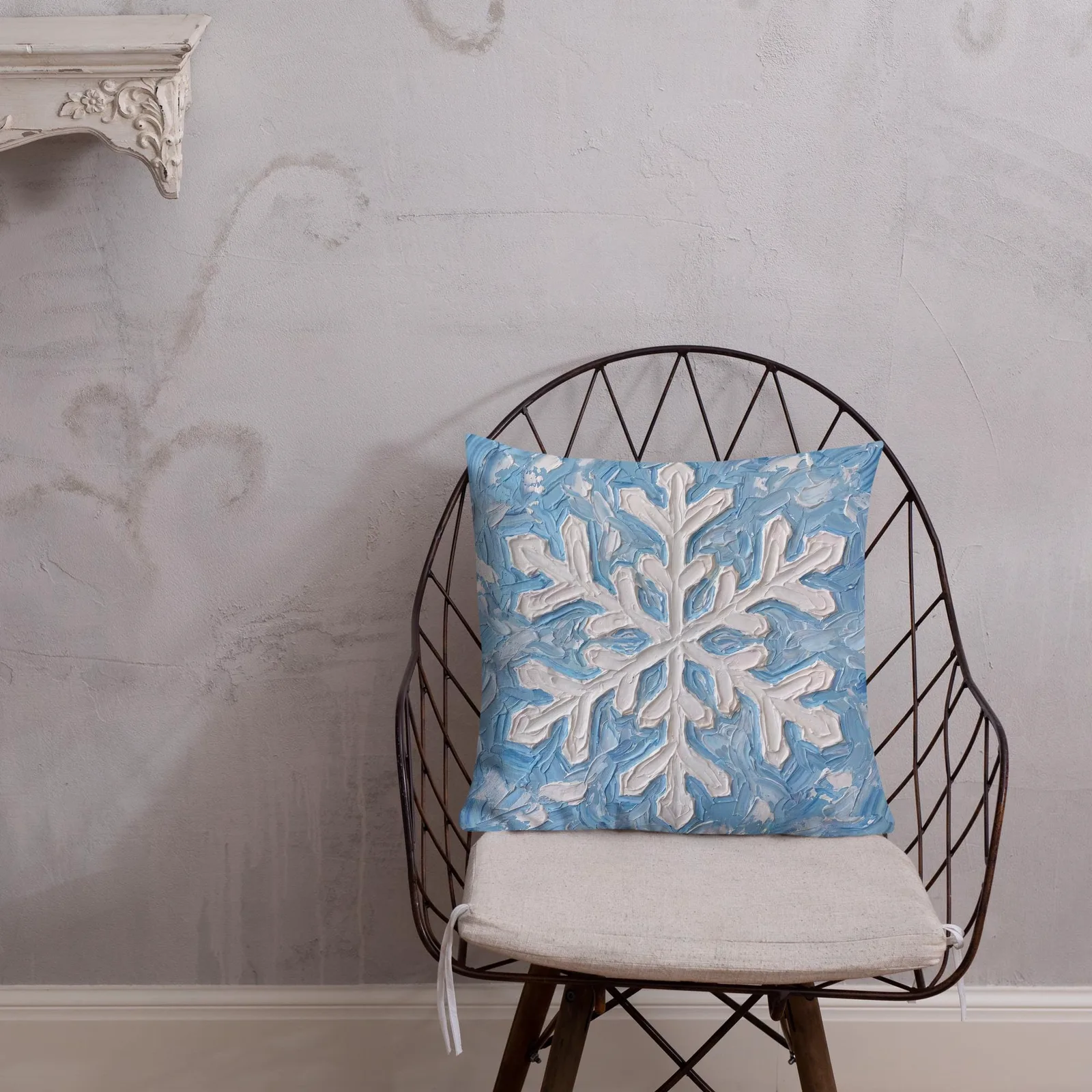 Snowflake Impasto Style Throw Pillow: Blue White Winter Decor Cushion, photo 4