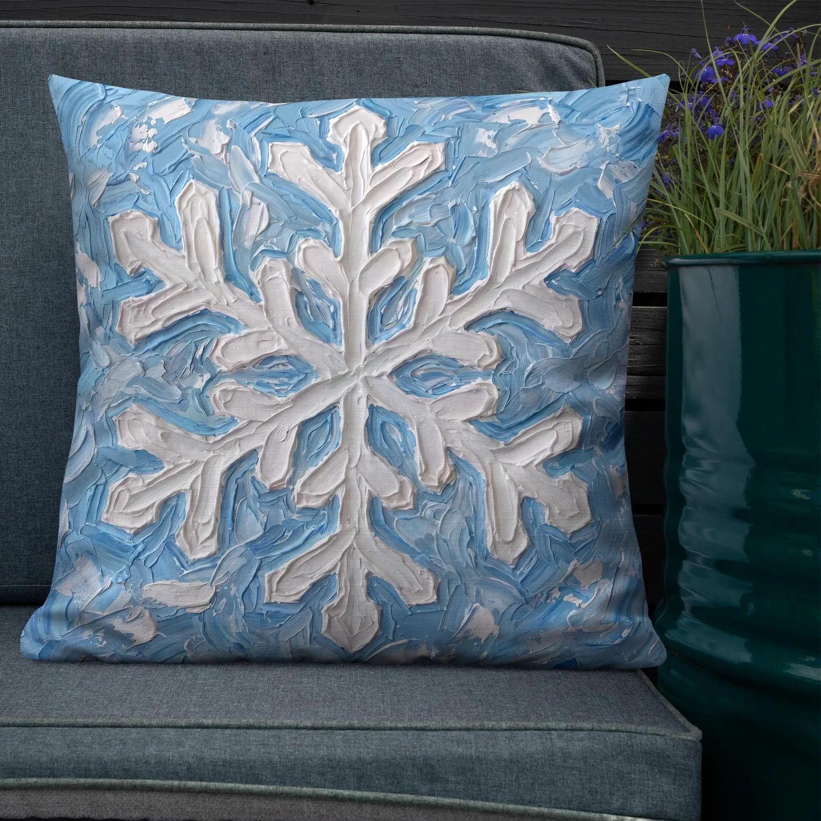Snowflake Impasto Style Throw Pillow: Blue White Winter Decor Cushion, photo 10