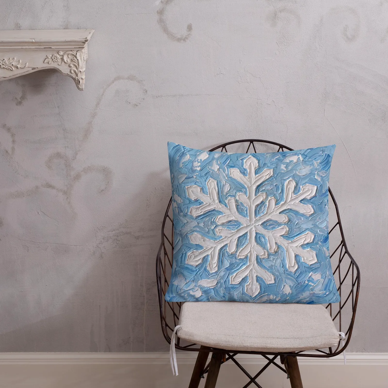 Snowflake Impasto Style Throw Pillow: Blue White Winter Decor Cushion, photo 5