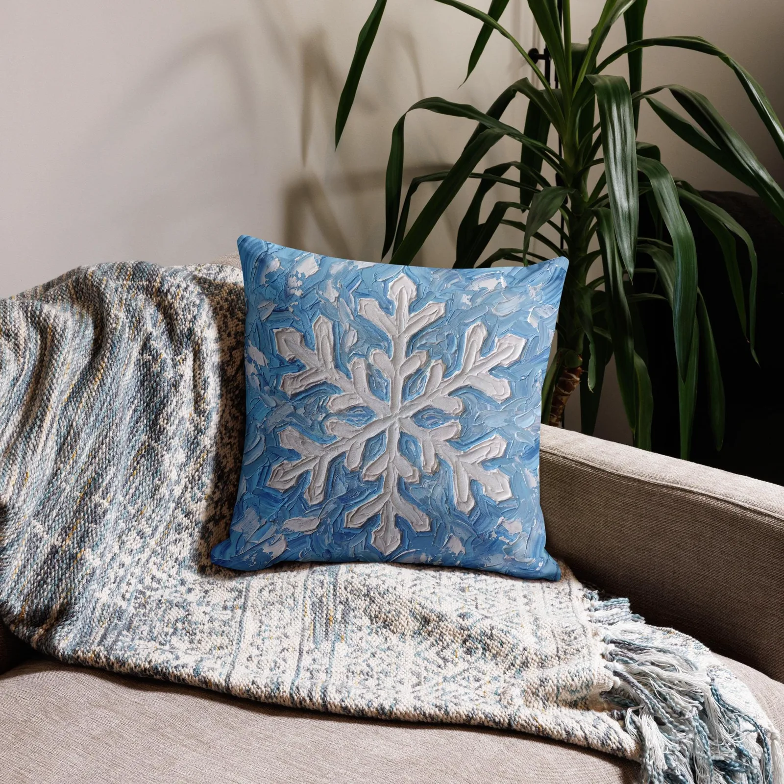 Snowflake Impasto Style Throw Pillow: Blue White Winter Decor Cushion, photo 8