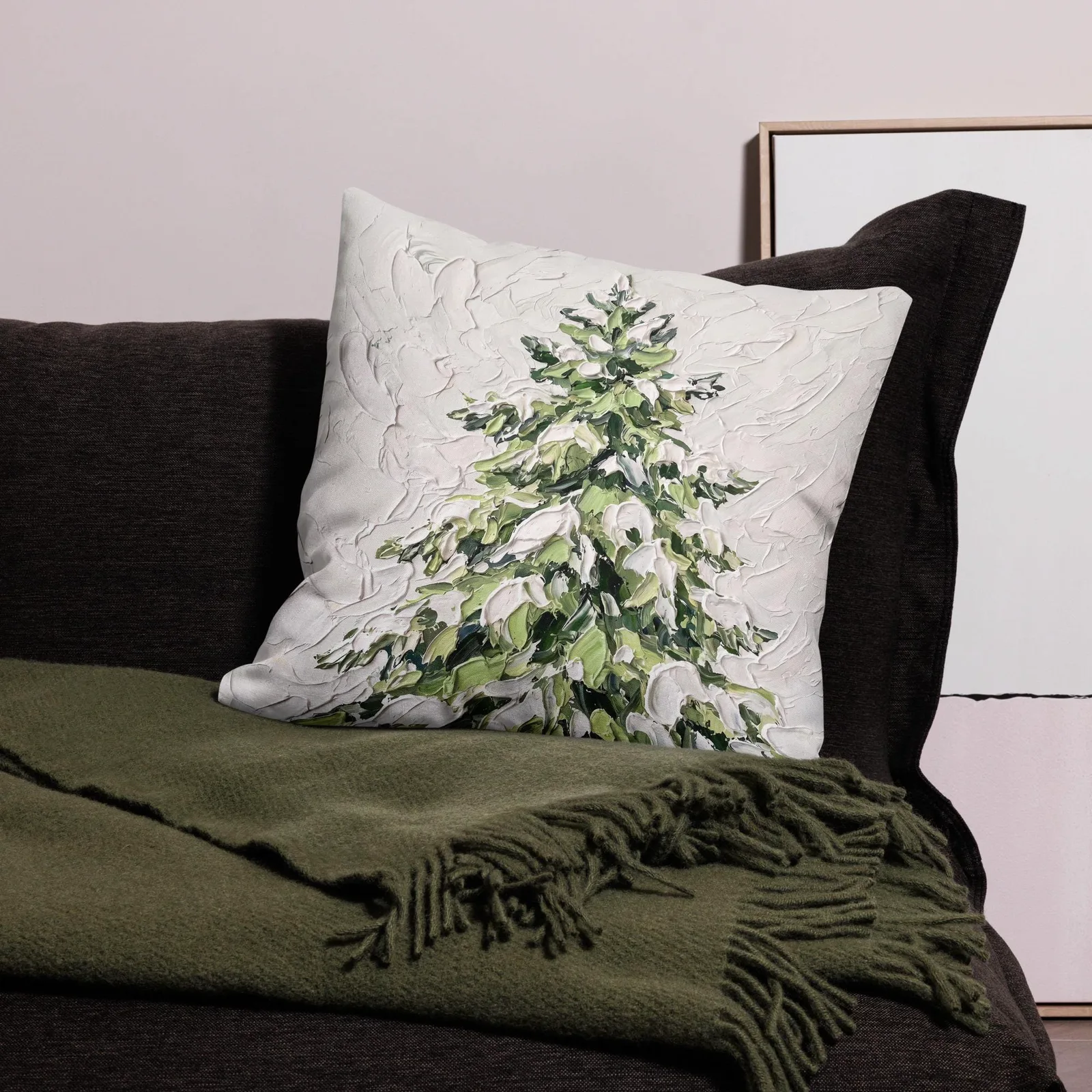 Snowy Fir Tree Throw Pillow: Cozy Winter Home decor Cushion, photo 9