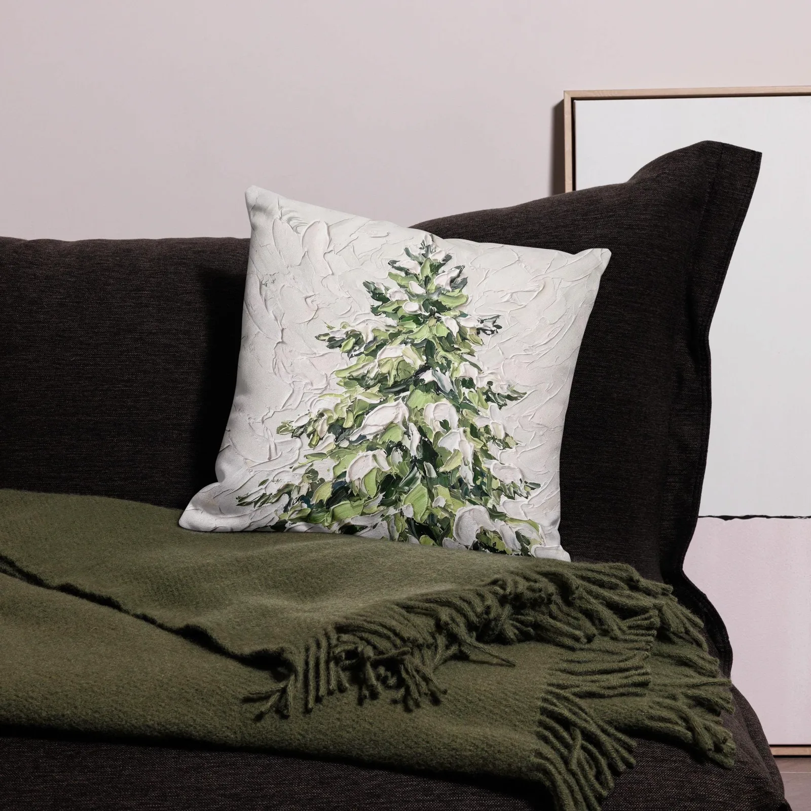 Snowy Fir Tree Throw Pillow: Cozy Winter Home decor Cushion, photo 8