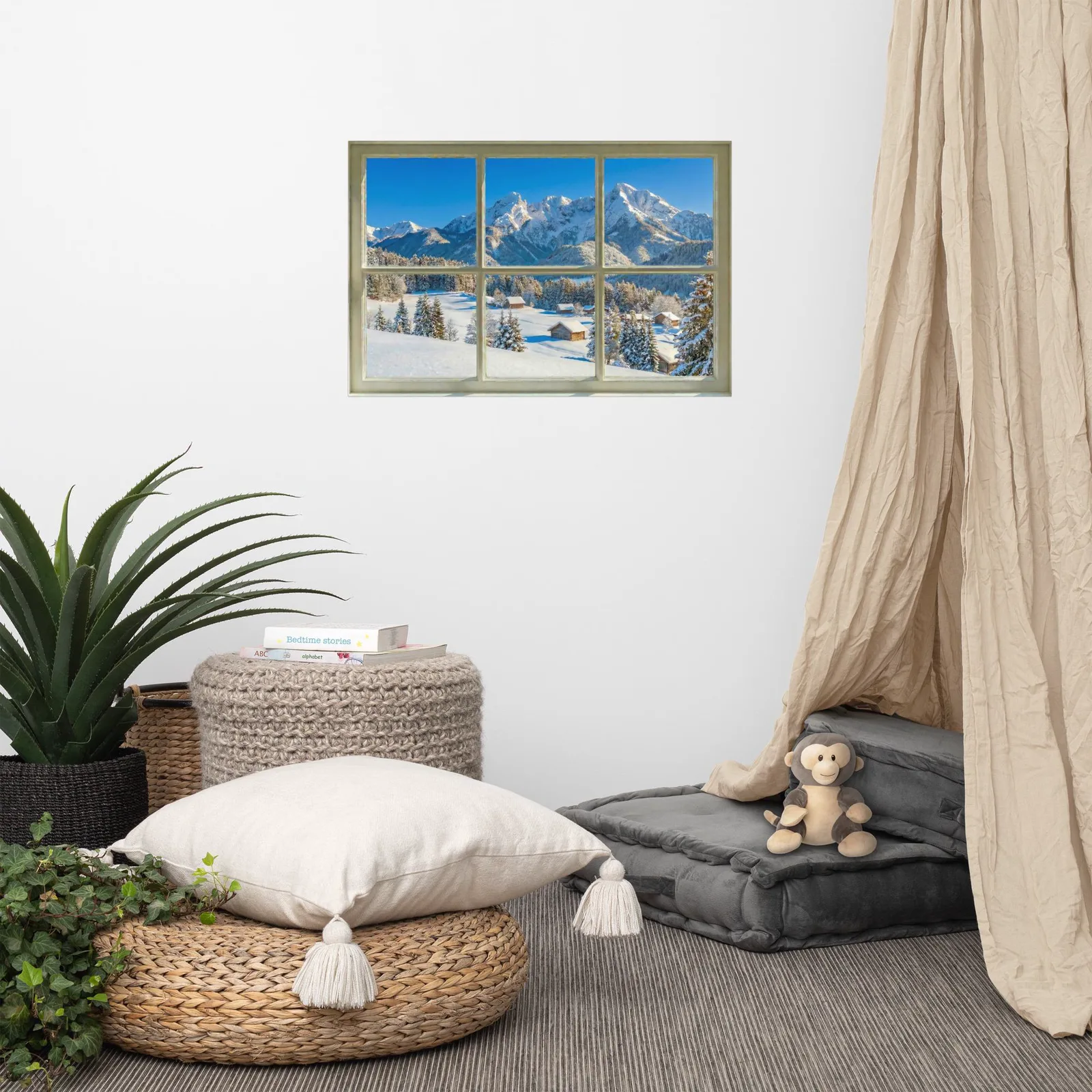 Snowy Mountain Faux Window Poster: Winter Scenic Landscape Wall Art, photo 5