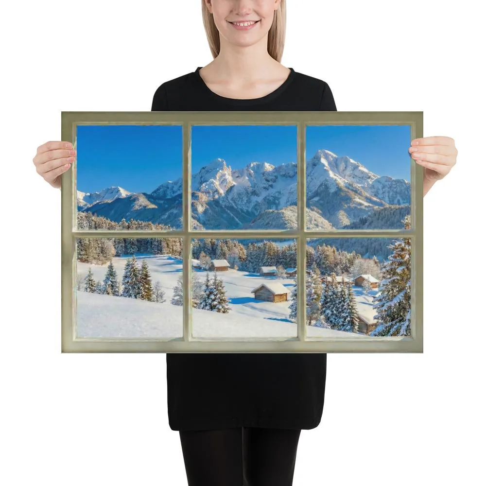 Snowy Mountain Faux Window Poster: Winter Scenic Landscape Wall Art, photo 9