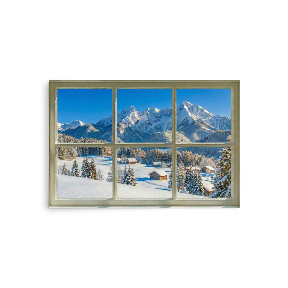 Snowy Mountain Faux Window Poster: Winter Scenic Landscape Wall Art, photo 2