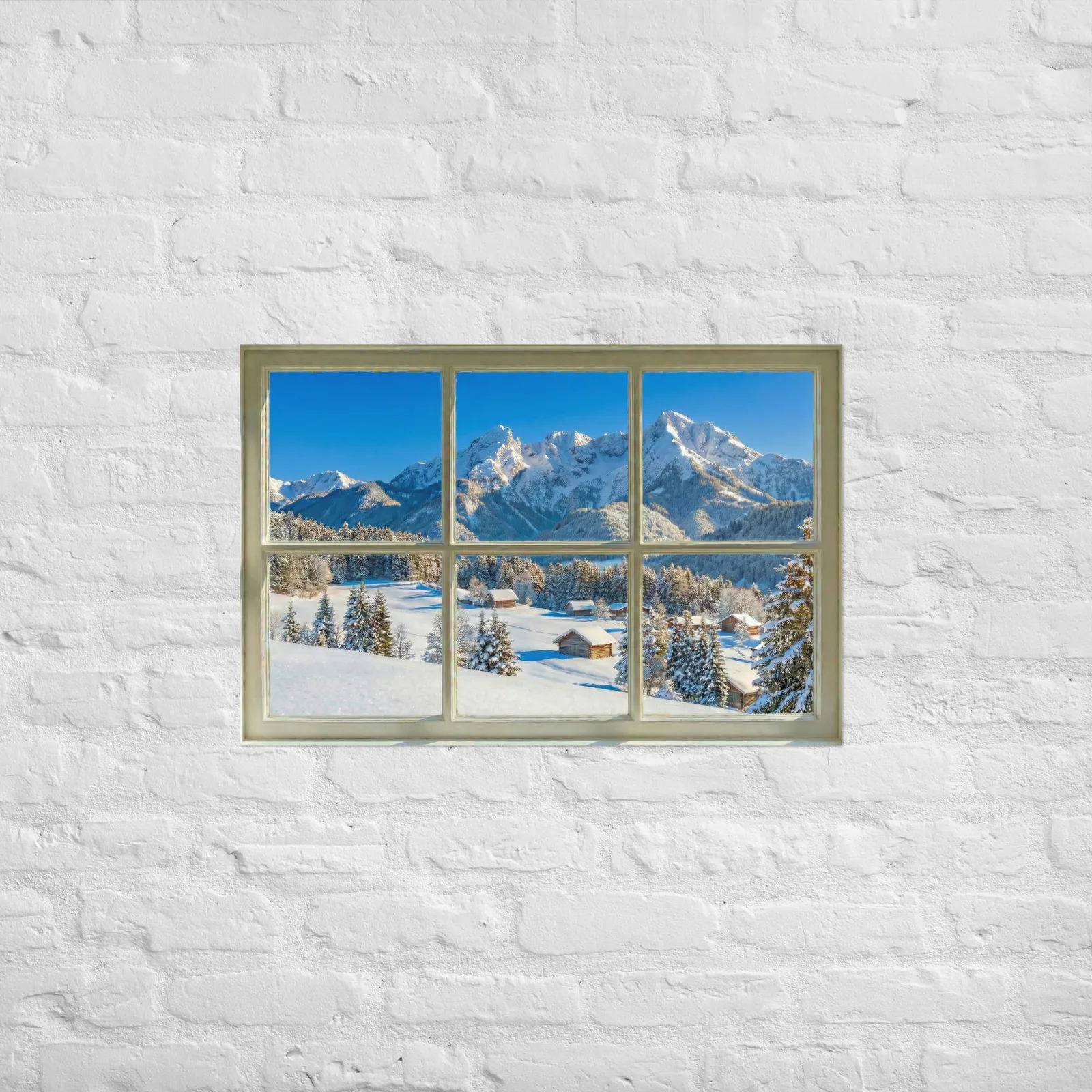 Snowy Mountain Faux Window Poster: Winter Scenic Landscape Wall Art