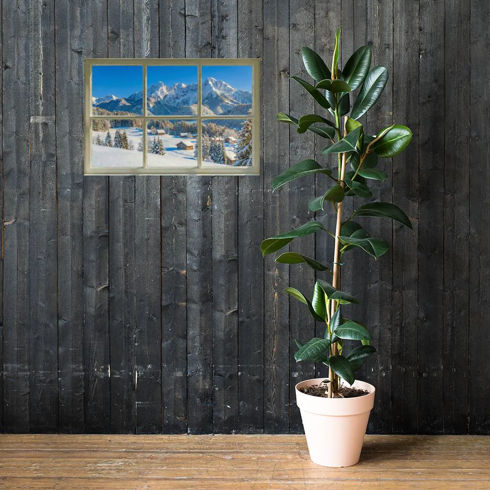Snowy Mountain Faux Window Poster: Winter Scenic Landscape Wall Art, photo 3