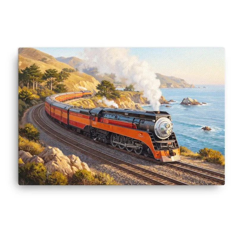 Southern Pacific GS-4 “Daylight” Train Thin Canvas: Vintage 1940s Steam Locomotive Wall Art