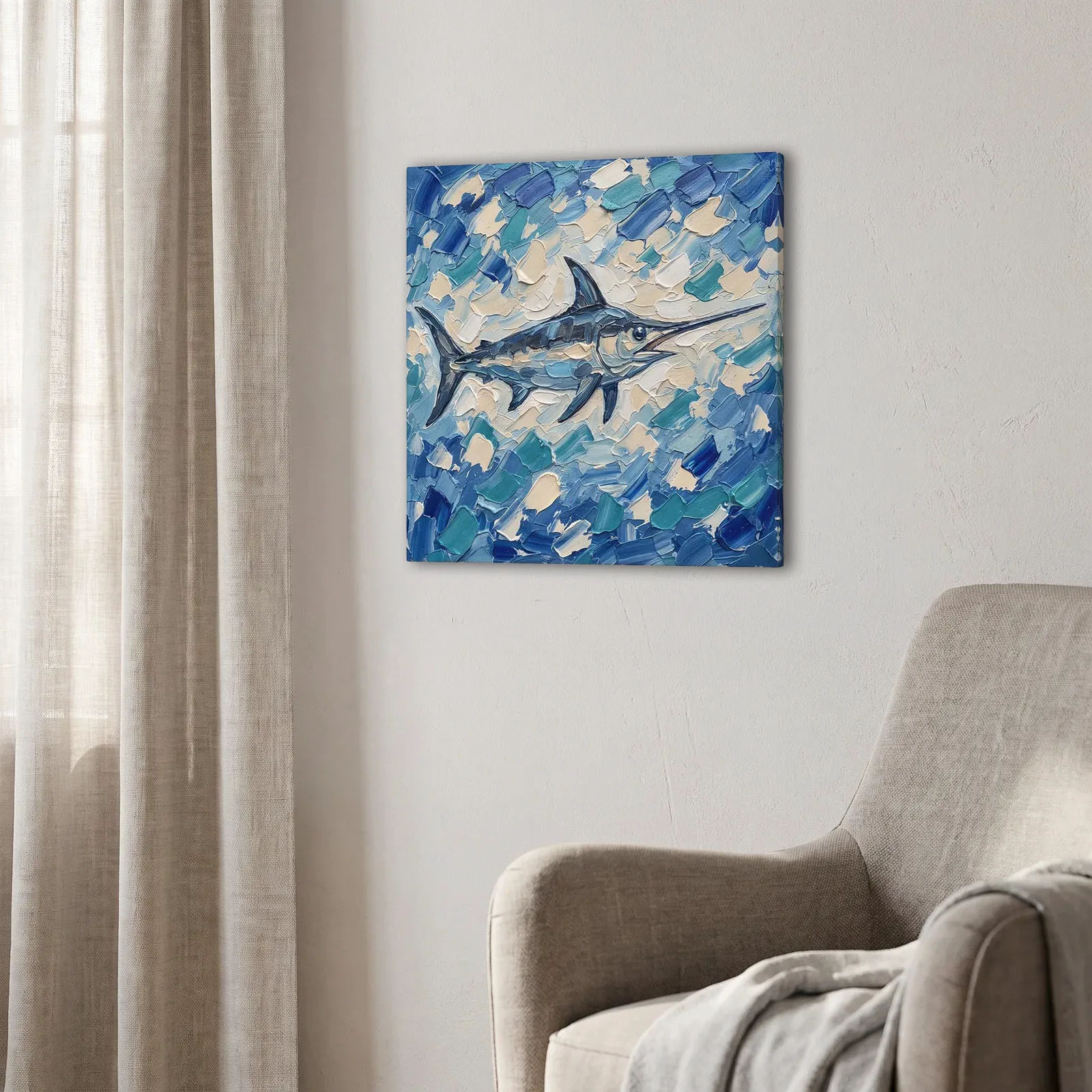Swordfish Thin Canvas: Impasto Style Ocean Fish Decor Wall Art