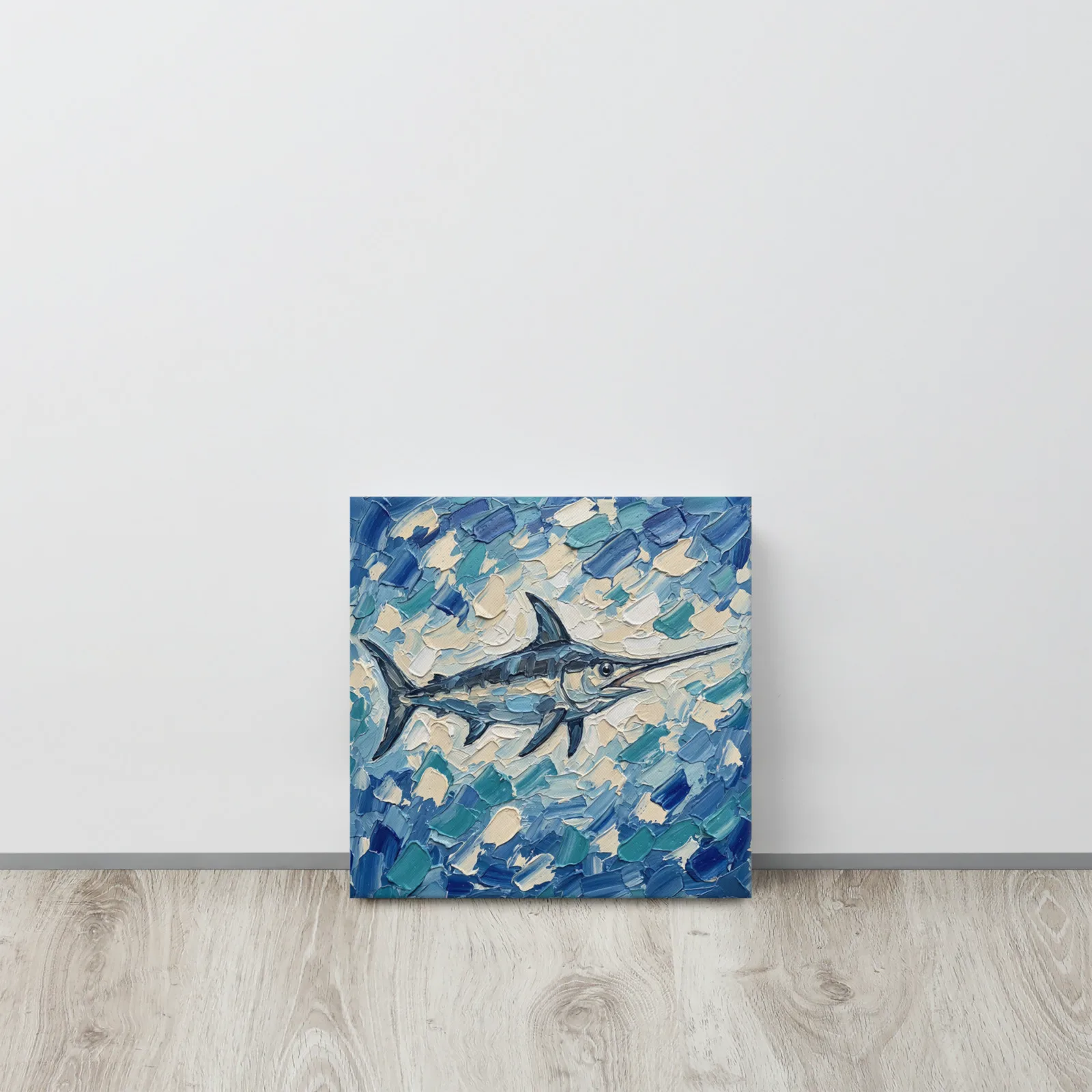 Swordfish Thin Canvas: Impasto Style Ocean Fish Decor Wall Art, lifestyle 4 front view
