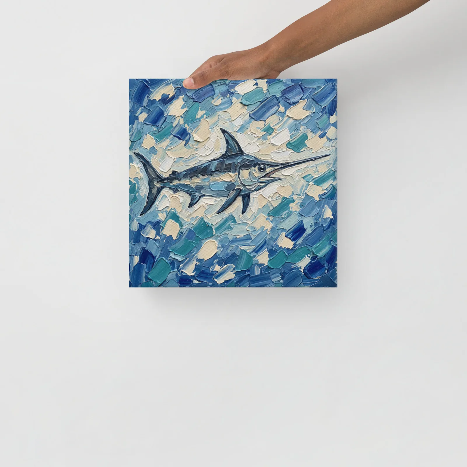 Swordfish Thin Canvas: Impasto Style Ocean Fish Decor Wall Art, lifestyle front view