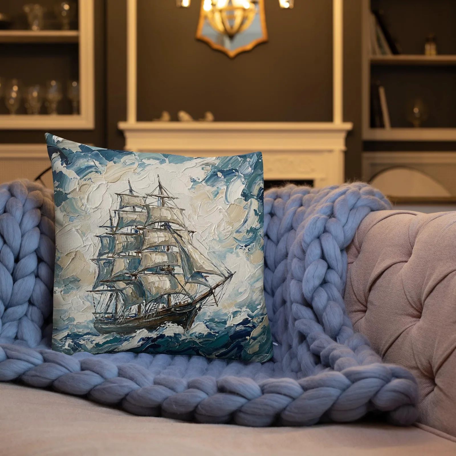 Tall Ship Throw Pillow: Impasto Sailing Art Cushion, photo 4