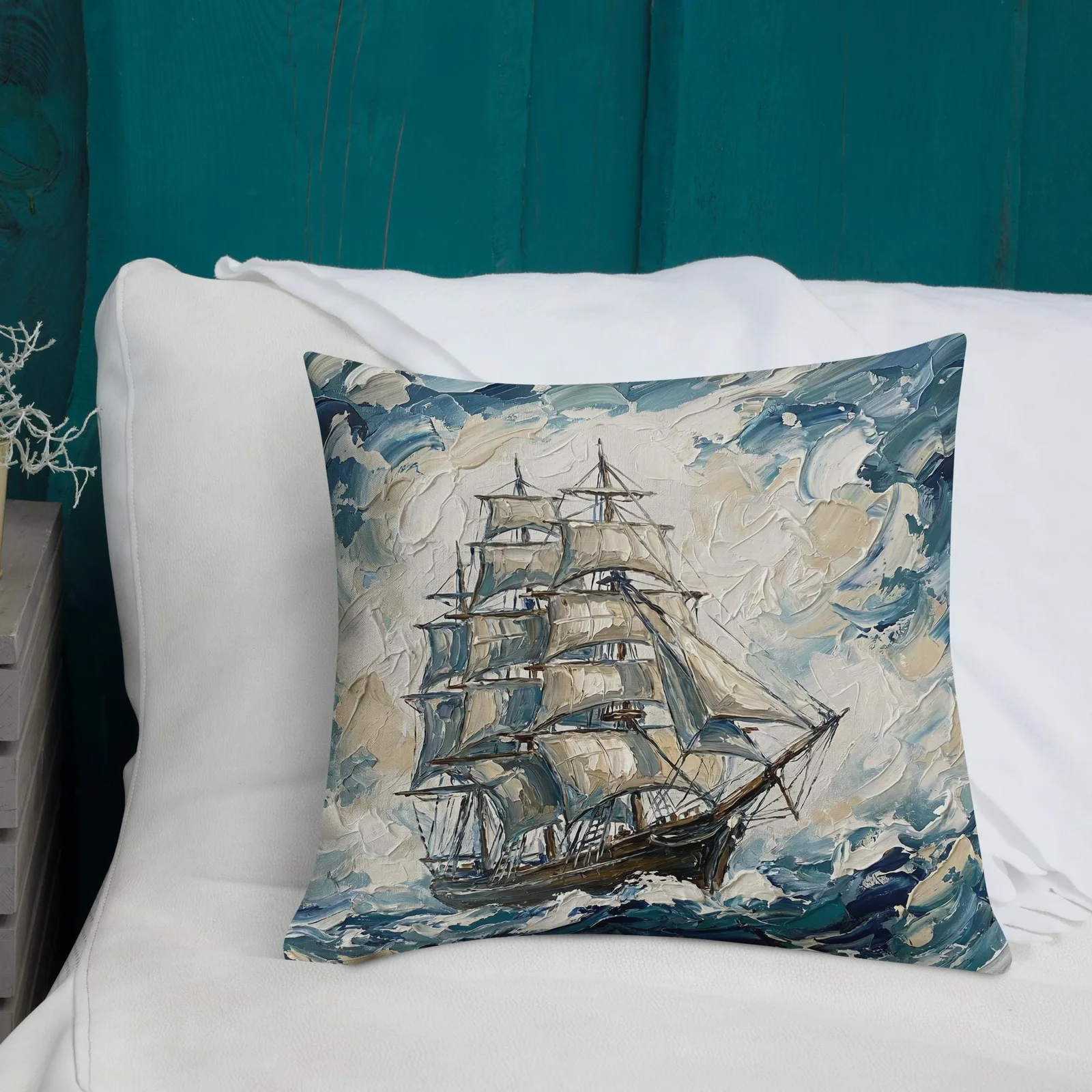 Tall Ship Throw Pillow: Impasto Sailing Art Cushion, photo 2