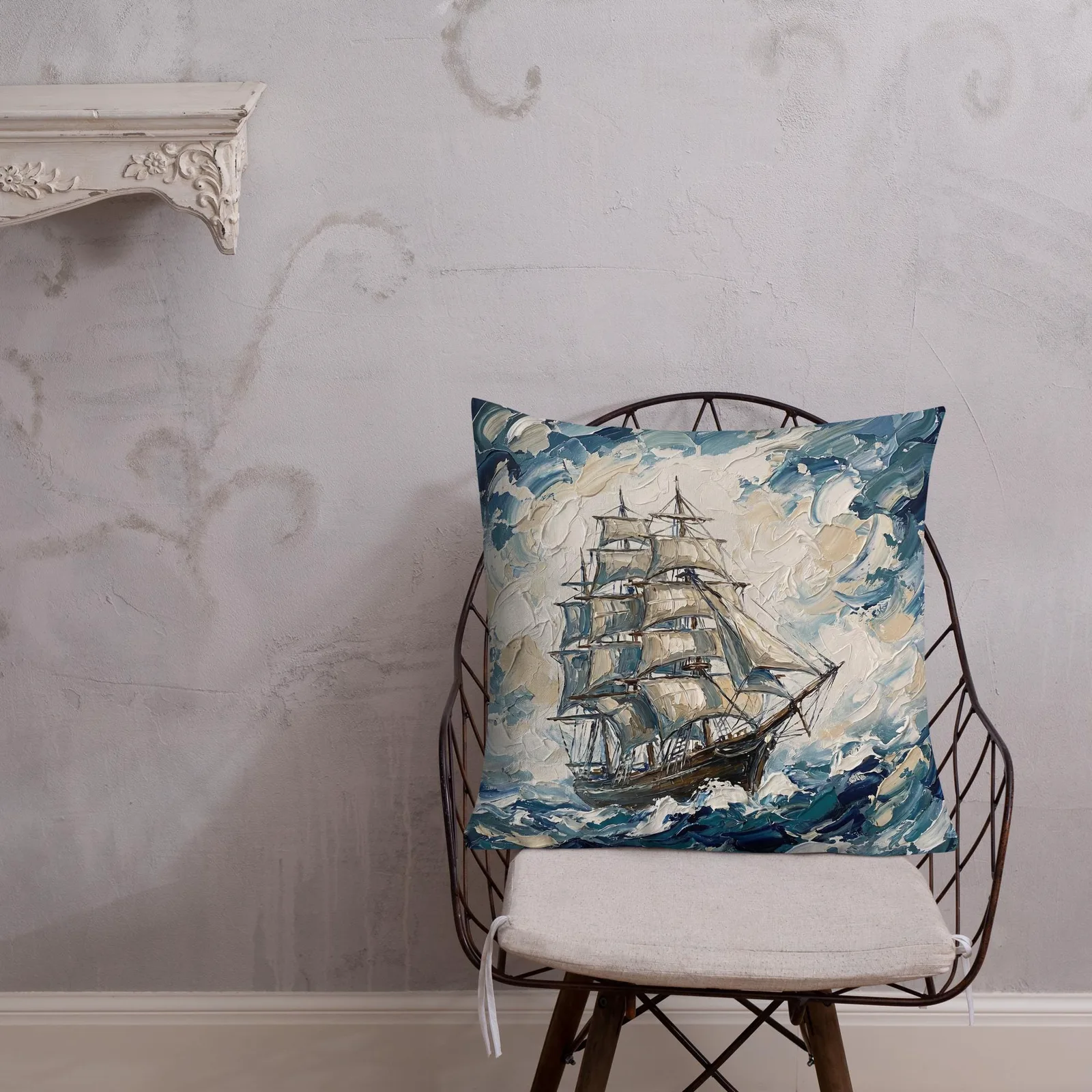 Tall Ship Throw Pillow: Impasto Sailing Art Cushion, photo 7