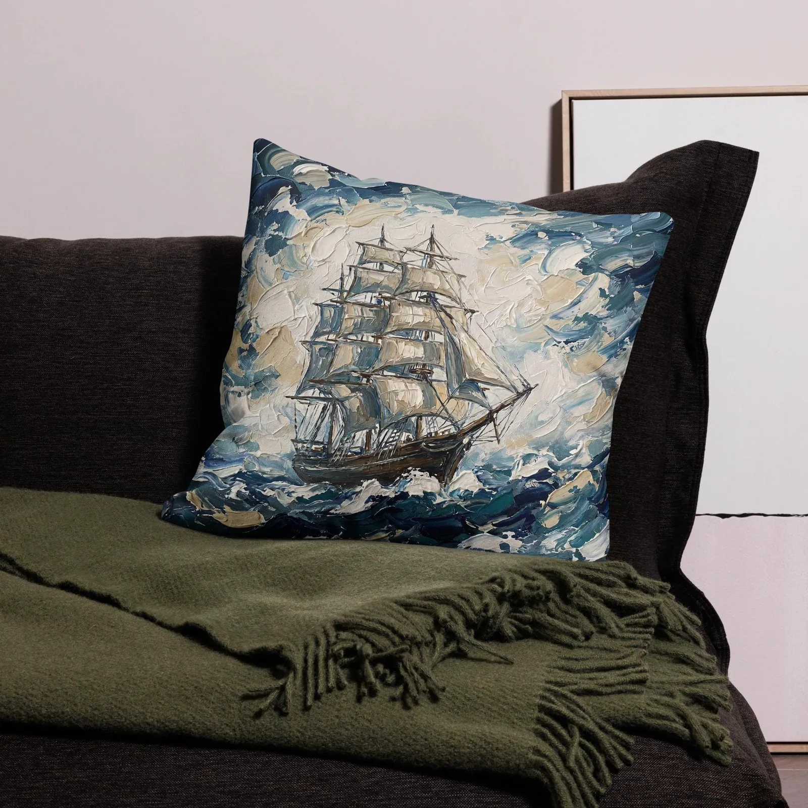 Tall Ship Throw Pillow: Impasto Sailing Art Cushion, photo 10