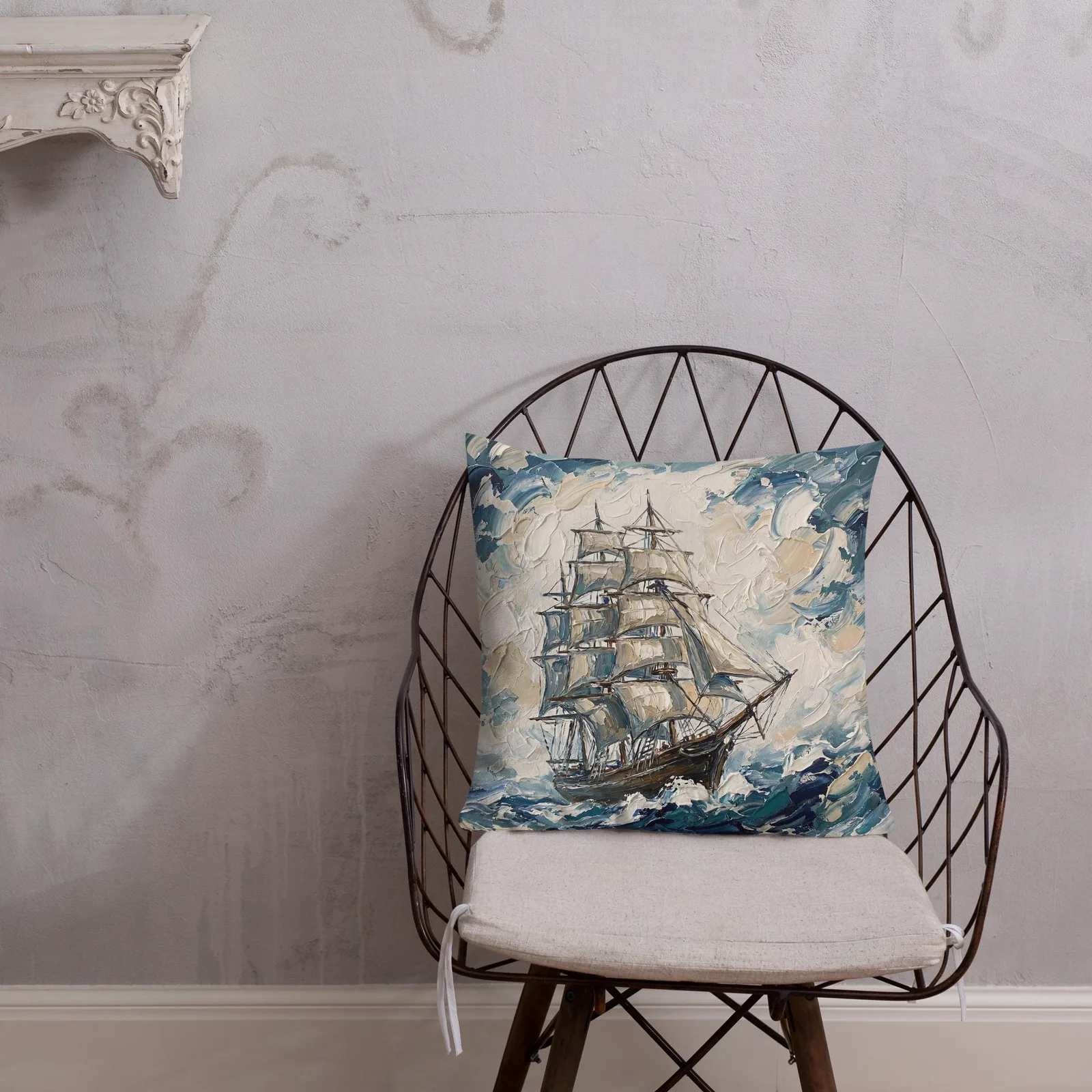 Tall Ship Throw Pillow: Impasto Sailing Art Cushion, photo 6