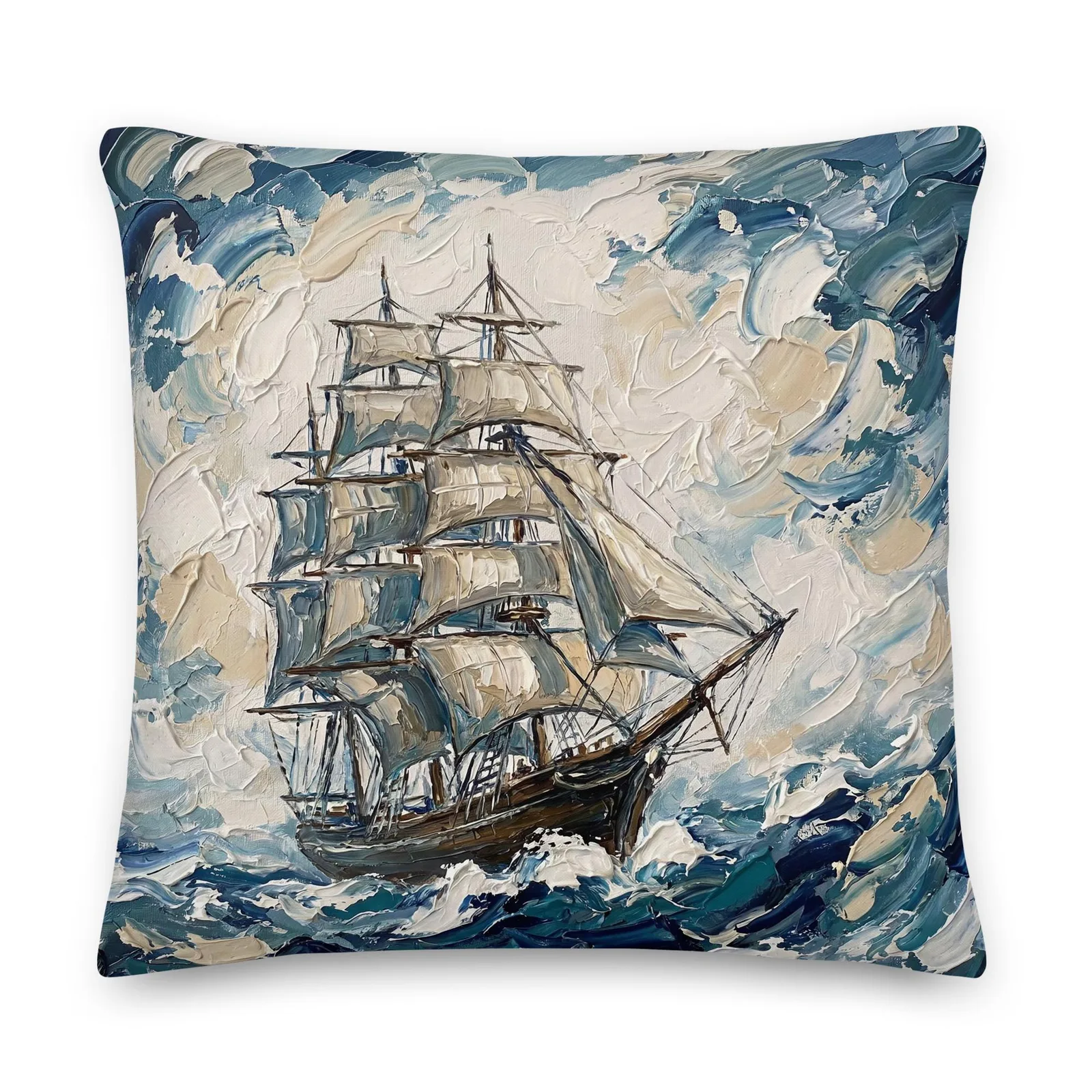 Tall Ship Throw Pillow: Impasto Sailing Art Cushion