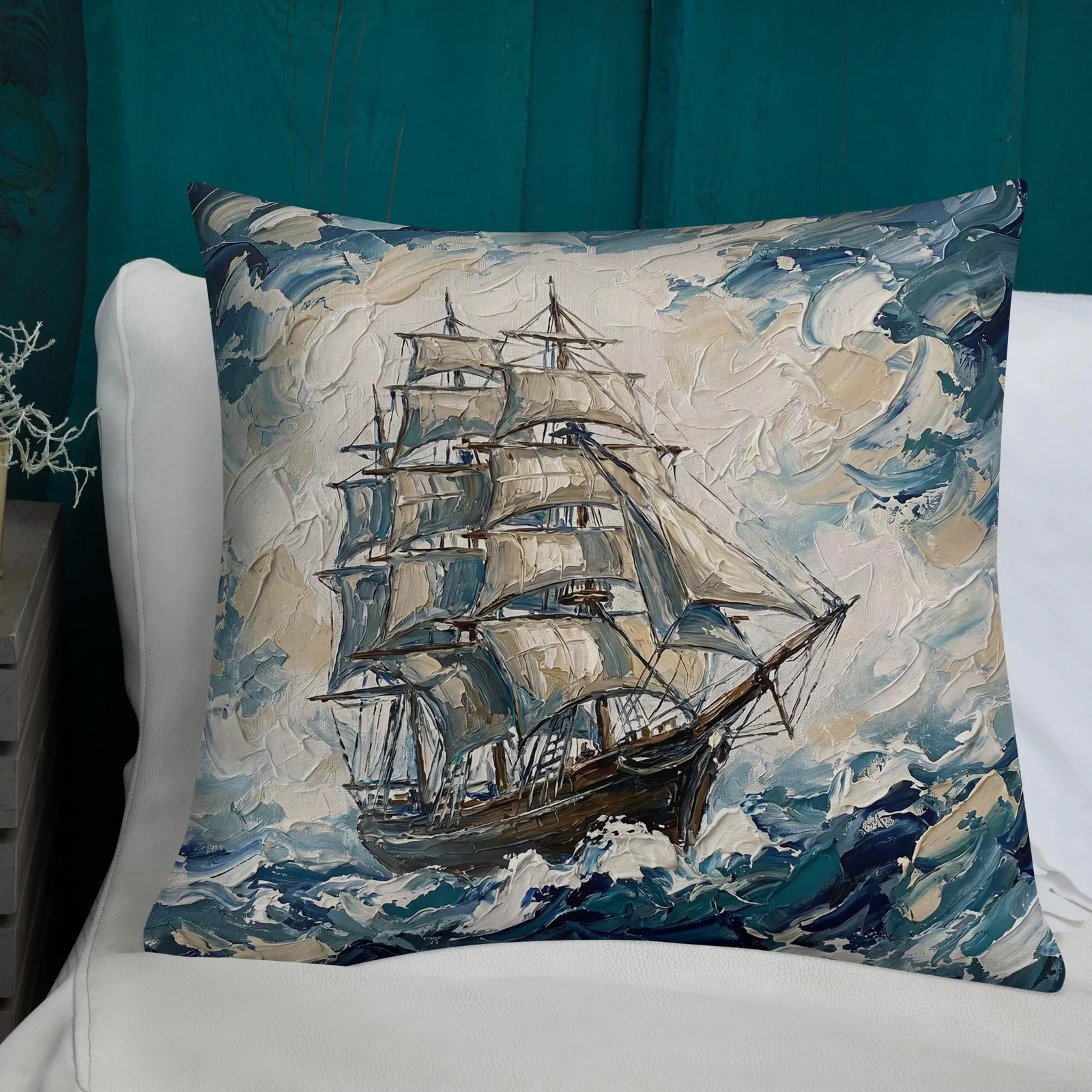 Tall Ship Throw Pillow: Impasto Sailing Art Cushion, photo 3