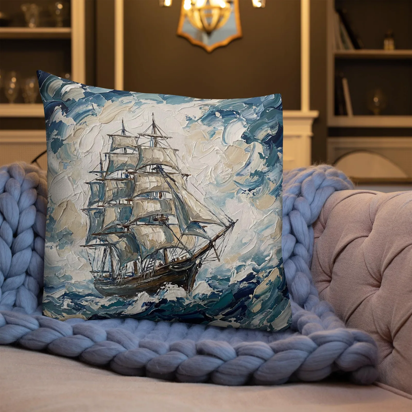 Tall Ship Throw Pillow: Impasto Sailing Art Cushion, photo 5