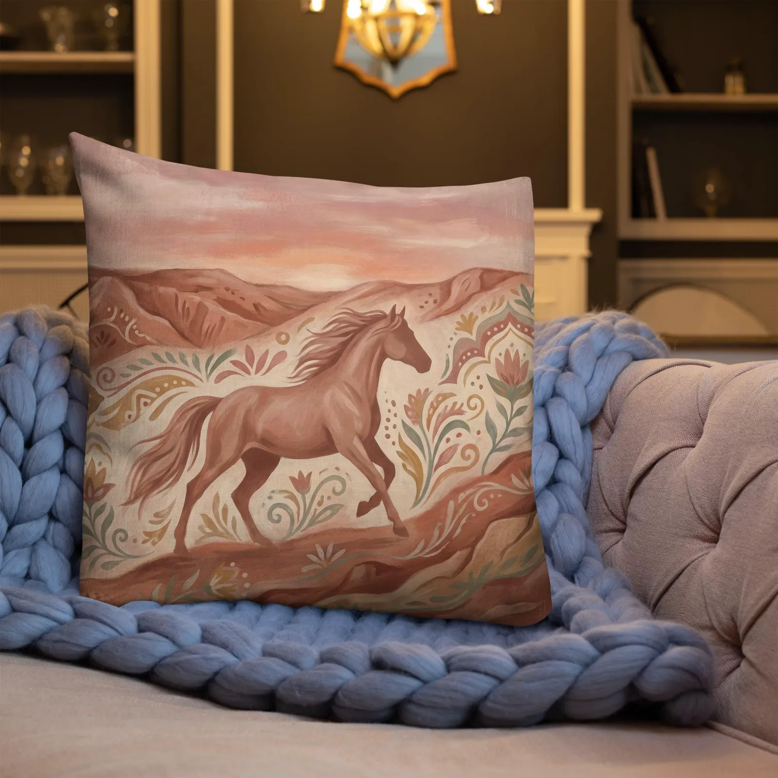Terracotta Desert Horse Pillow: Folk Art Southwest Decor