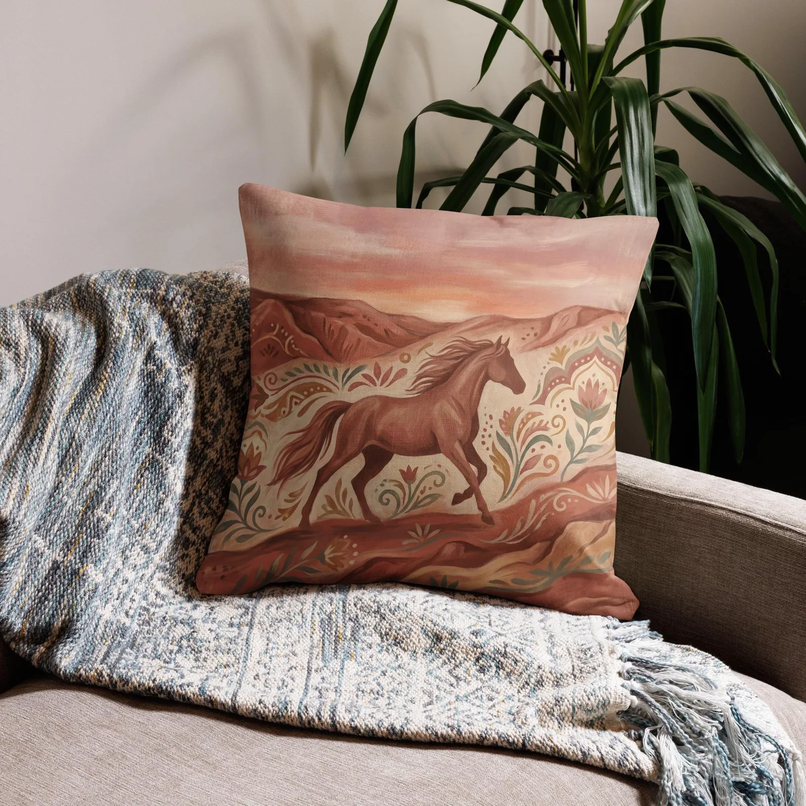 Terracotta Desert Horse Pillow: Folk Art Southwest Decor, photo 4